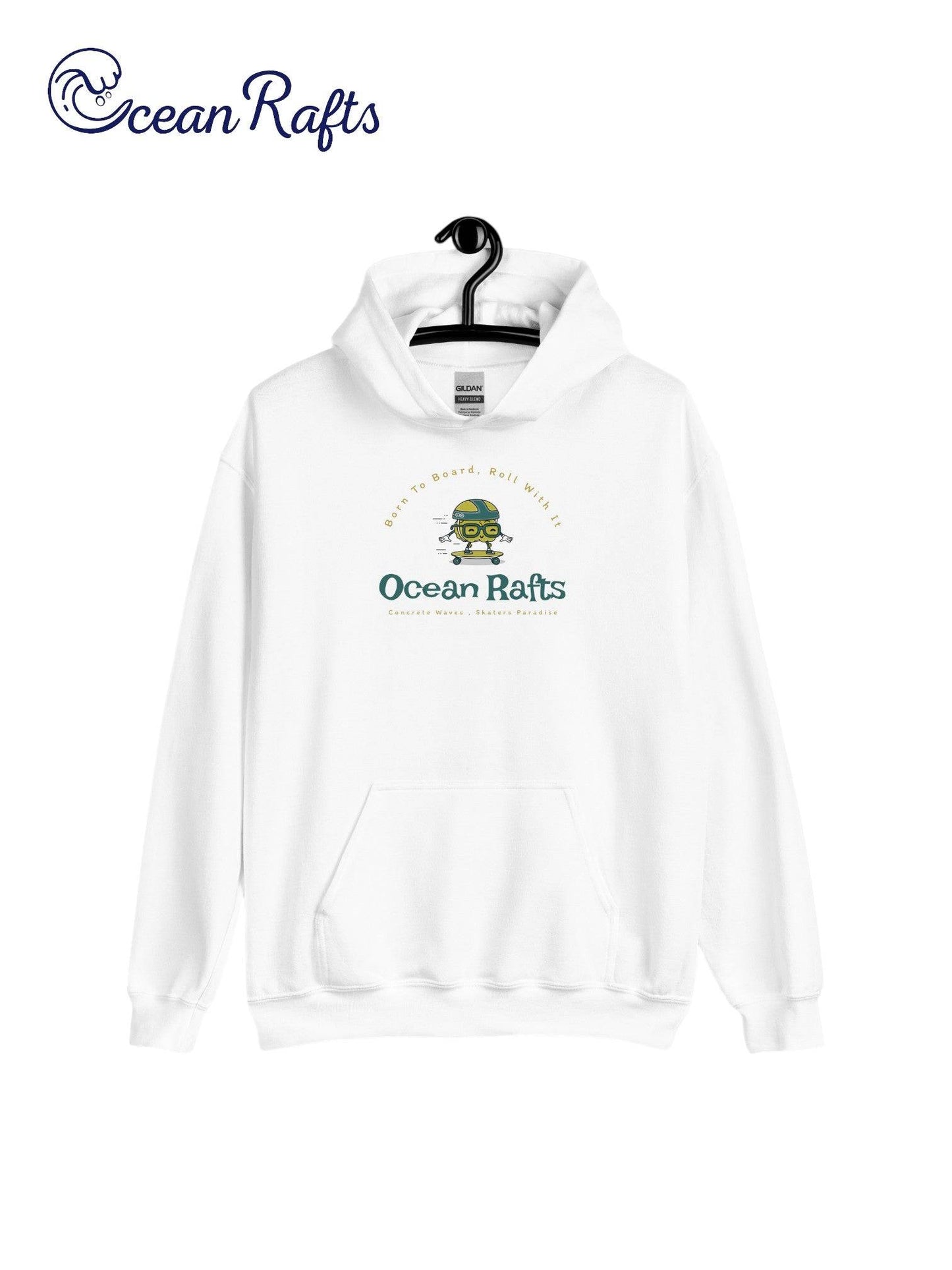 Concrete Waves Hoodie - Ocean Rafts - AU & NZ - white Hoodie with Cartoon skater riding a skateboard graphic