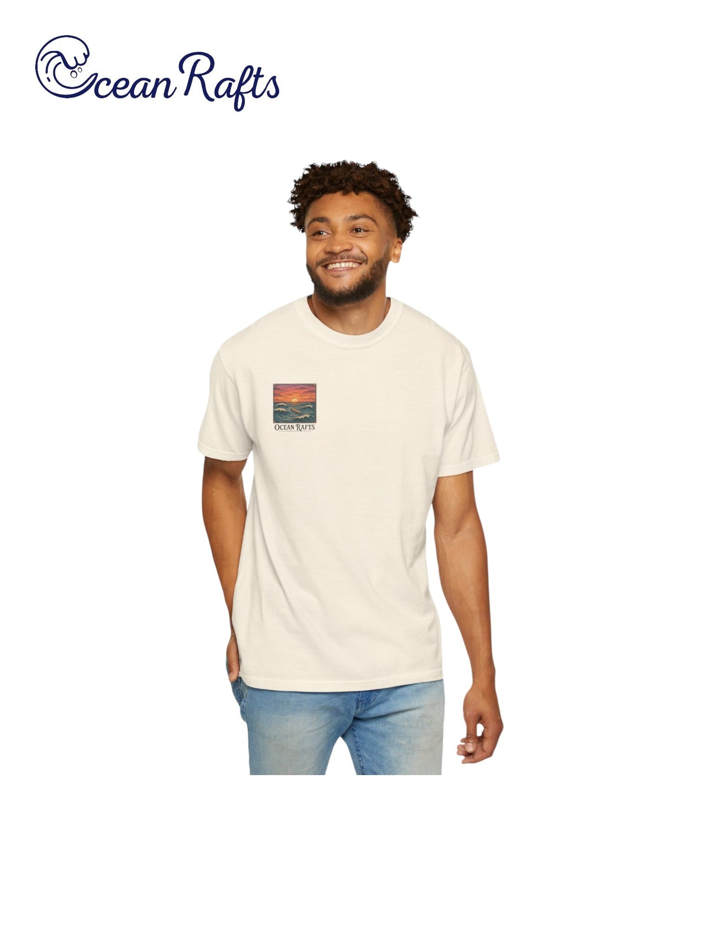 Drift and Dusk Shirt - Ocean Rafts - AU & NZ - man wearing beige tee with boxed sunset over ocean and surfboard graphic