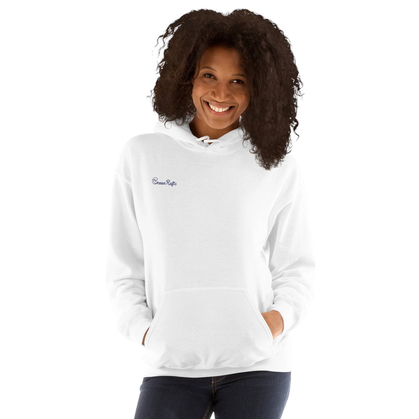 women wearing Ocean Rafts logo graphic White Hoodie - Ocean Rafts - australia and new zealand