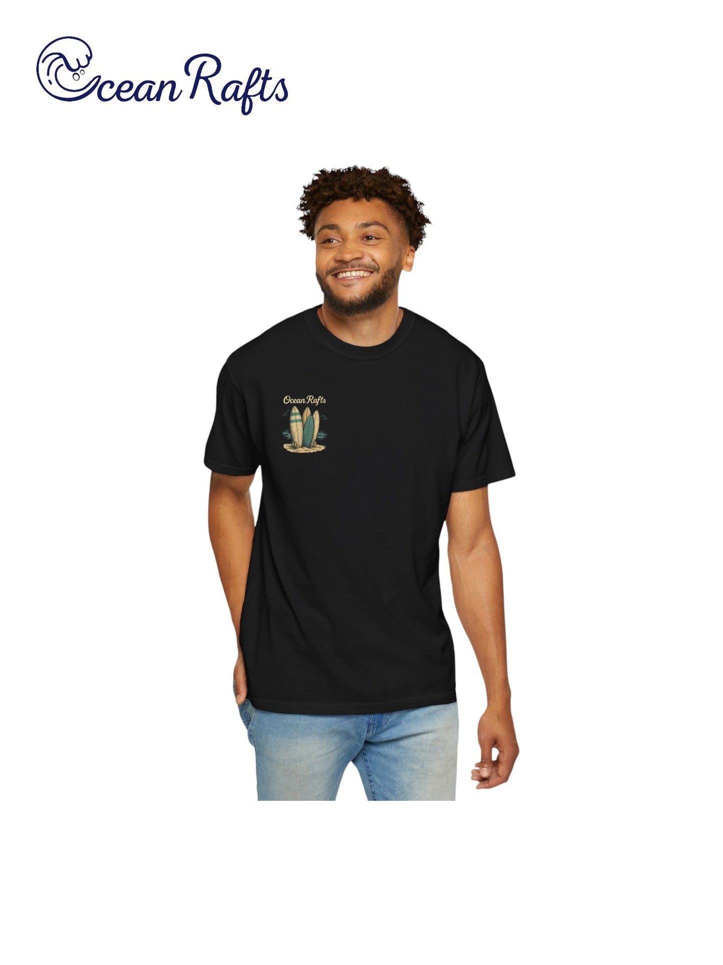 Sandy Quiver Shirt - Ocean Rafts - man wearing Tee with three upright surfboards placed in sand graphic