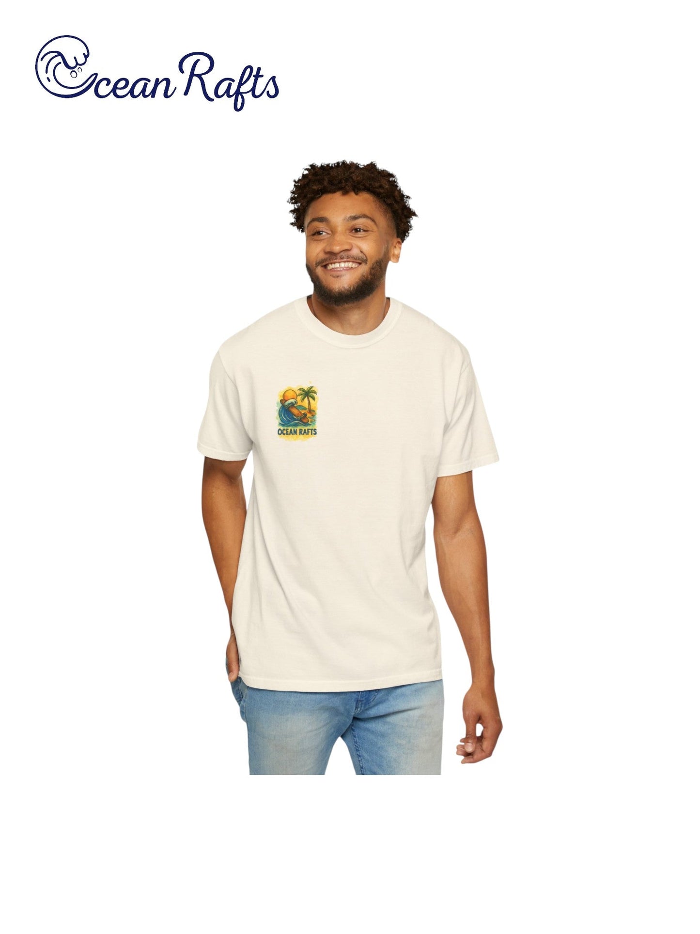 Wave Rider Shirt - Ocean Rafts - AU & NZ - man wearing tee with skateboard riding a wave against a beach graphic