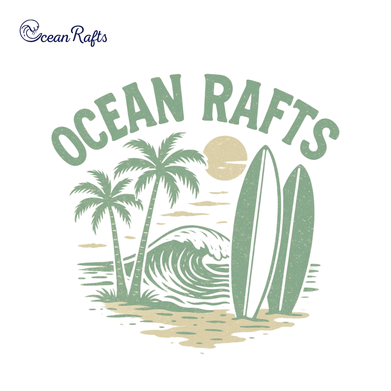 A stylised beach scene that features two upright surfboards in the sand, flanked by palm trees. A large wave curls in the background beneath a glowing sun, partially obscured by clouds. Bold 'Ocean Rafts' text above. Pale green and beige colour scheme.