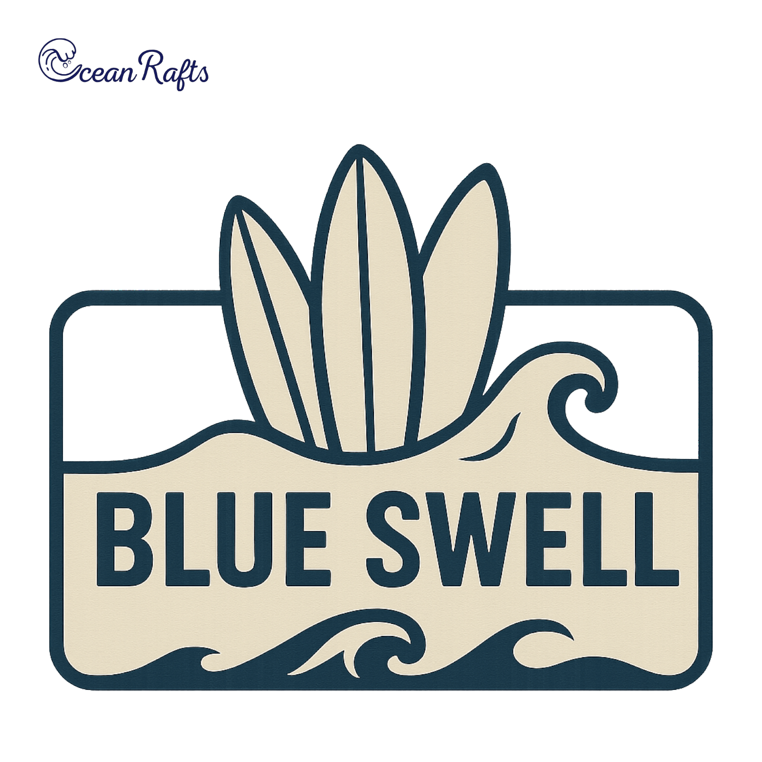 A bold surf-inspired design with three upright surfboards behind stylized ocean waves. "BLUE SWELL" is displayed in large, uppercase letters. Blue and beige color palette.

