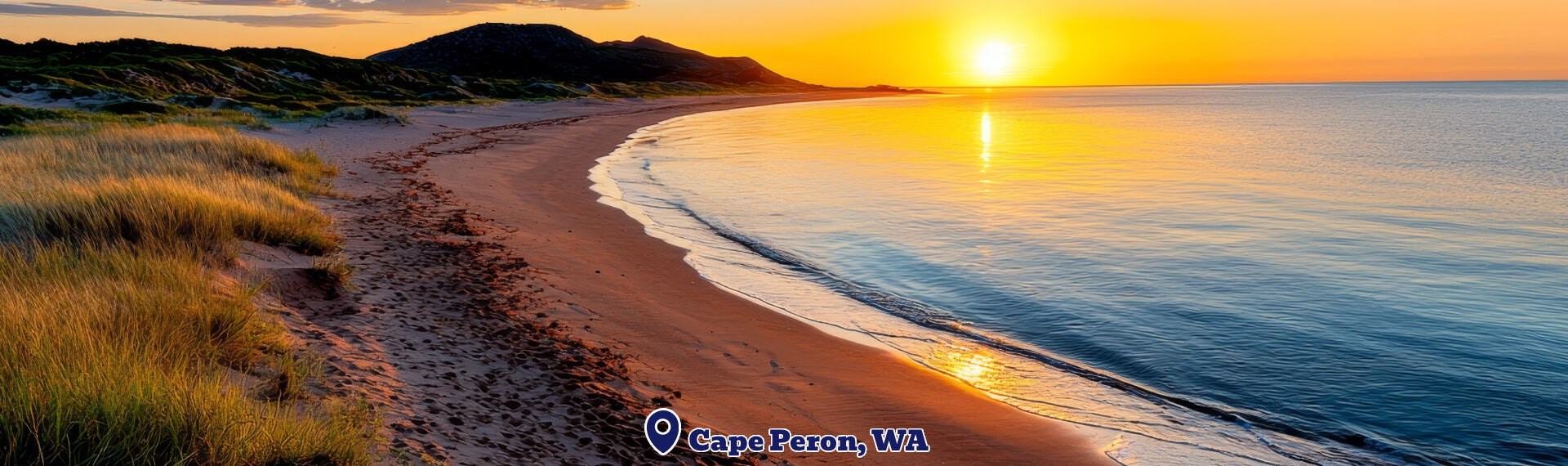 Sunset over a beach with 'Cape Peron, WA' branding.