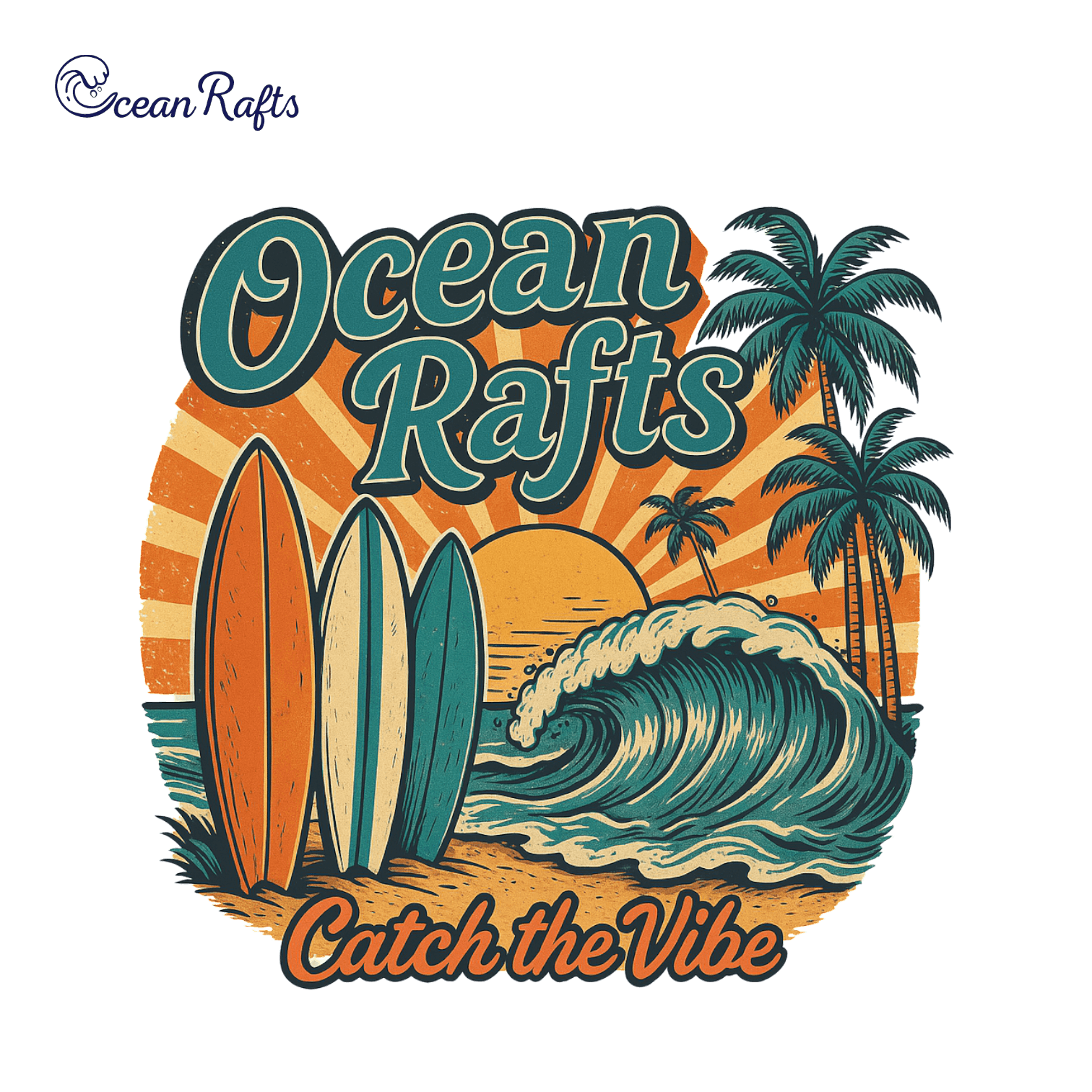 Vintage-style beach scene with three upright surfboards, ocean wave, palm trees, and orange sunset. 'Ocean Rafts' and 'Catch the Vibe' text included.