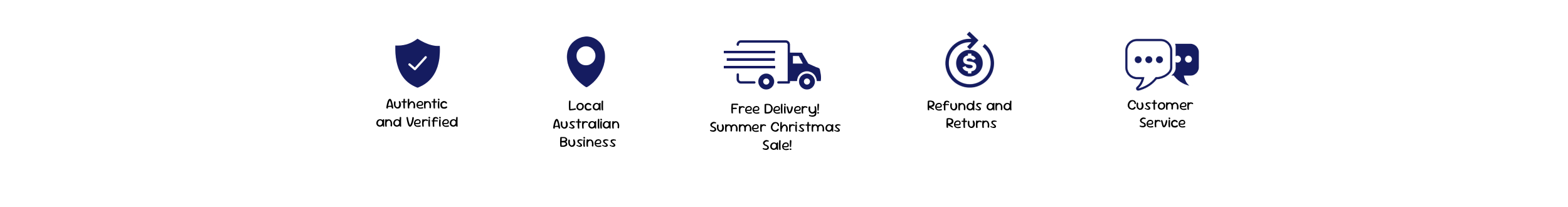 "Icons showing Perth Pickers Summer Christmas Sale benefits: Authentic and Verified, Local Australian Business, Free Delivery, Easy Refunds and Returns, and Customer Service."