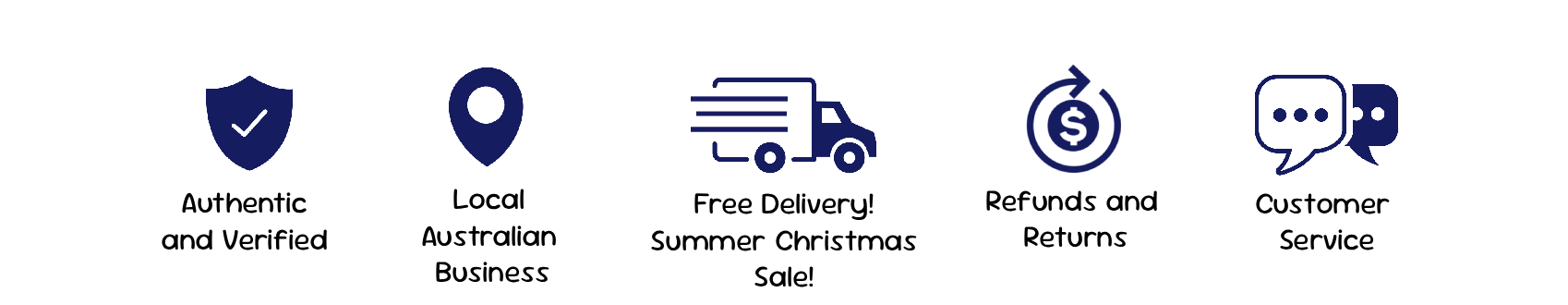 "Mobile banner with icons for Perth Pickers Summer Christmas Sale: Authentic and Verified, Local Australian Business, Free Delivery, Refunds and Returns, and Customer Service."