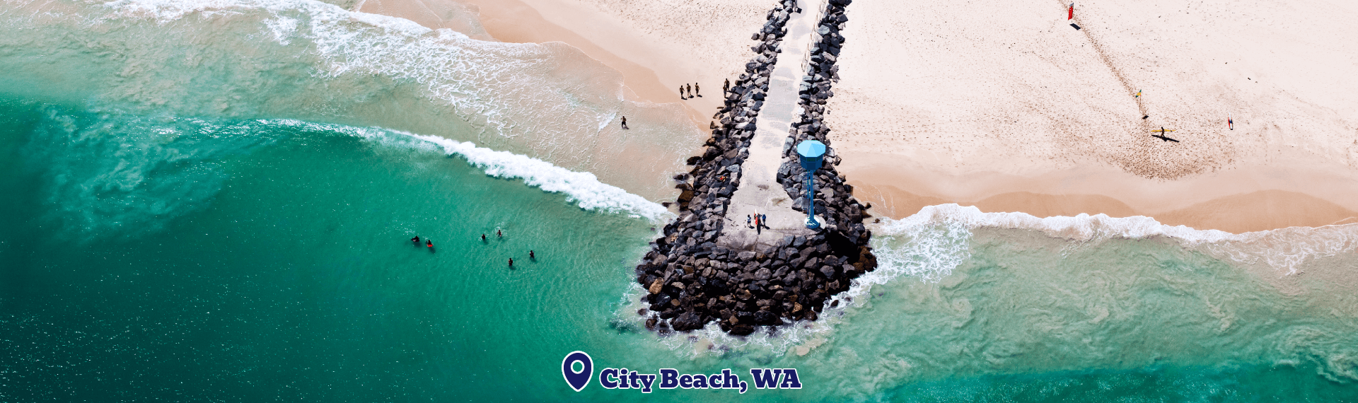 Beach scene with people and a large anchor, labeled 'City Beach, WA'.