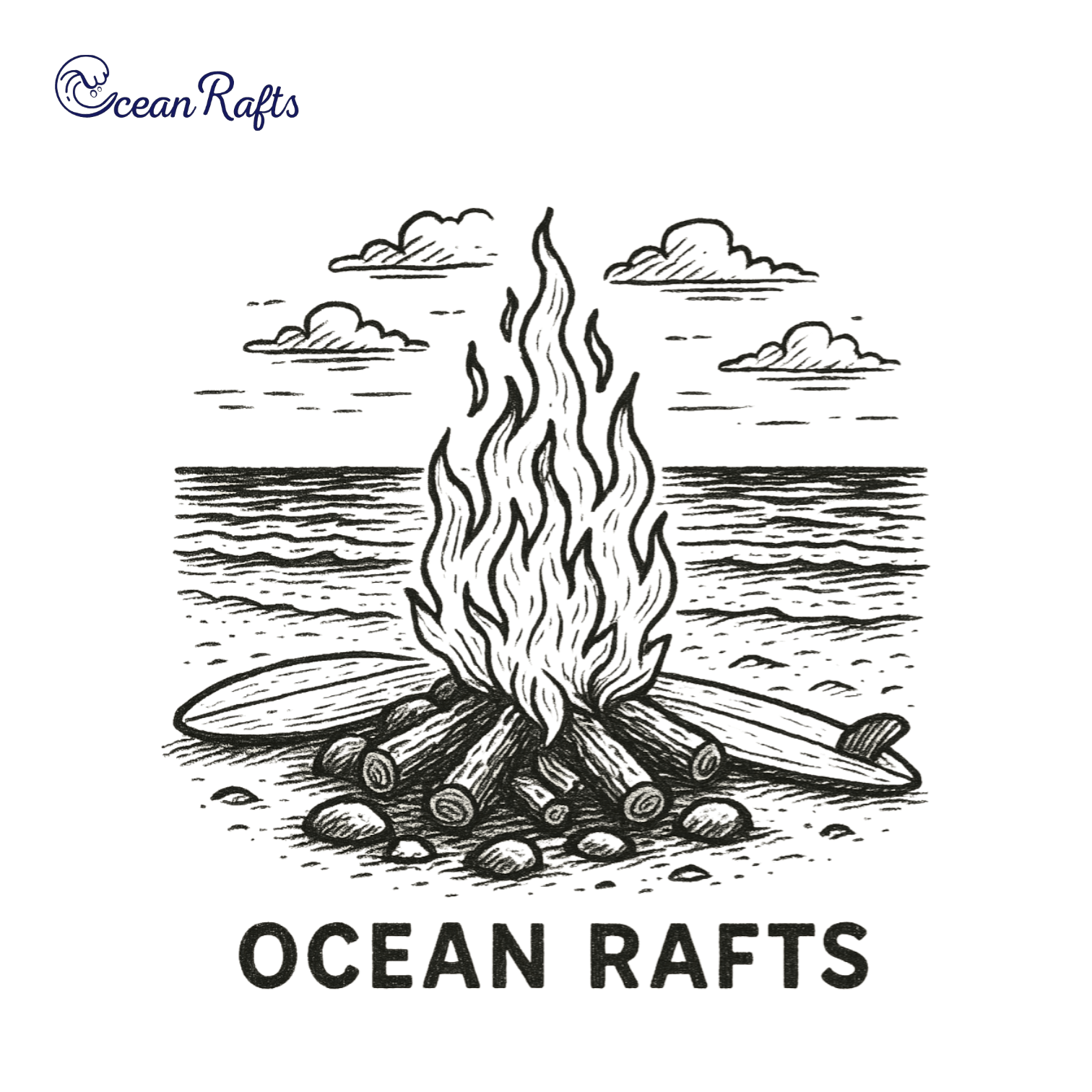Stylized black and white campfire on a beach with ocean and clouds in the background. Broken surfboard sitting behind the campfire. Includes 'Ocean Rafts' branding in sharp and bold text.