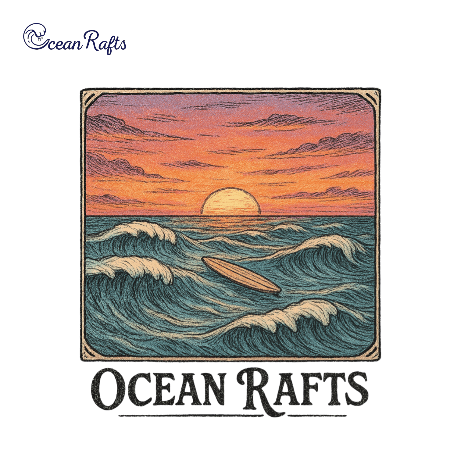 Boxed graphic of a sunset over the ocean with waves and a raft floating on the water. Features orange and purple sky tones. Underlined "Ocean Rafts" text below.
