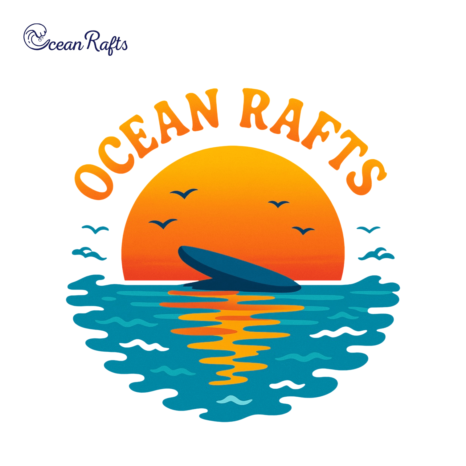 Sunset over the ocean with a lost surfboard on an island surrounded by water and birds flying around. Features bold 'OCEAN RAFTS' text above the scene. Blue and orange colour scheme.