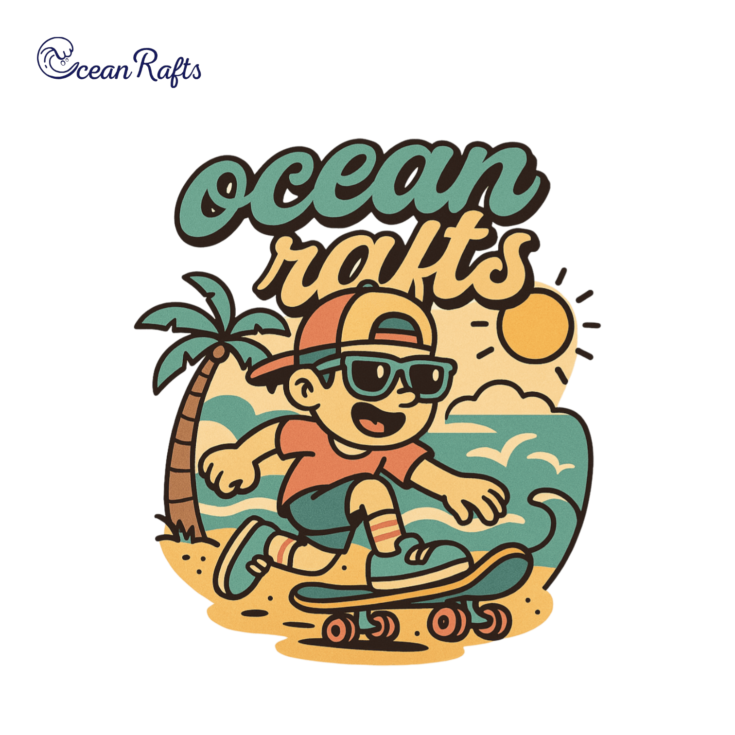 Cartoon boy skateboarding on a beach with palm tree, ocean waves, and sunny sky in the background. Large cursive 'Ocean Rafts' text above.