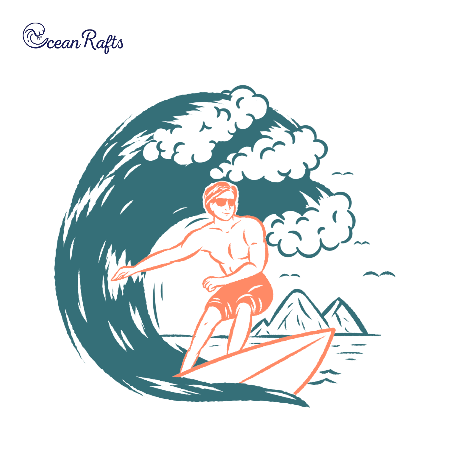 Stylized surfer riding a large blue wave as he touches the wave itself. Graphic also features mountain peaks, birds, and dark clouds in the background. Dark teal blue and orange colour palette.