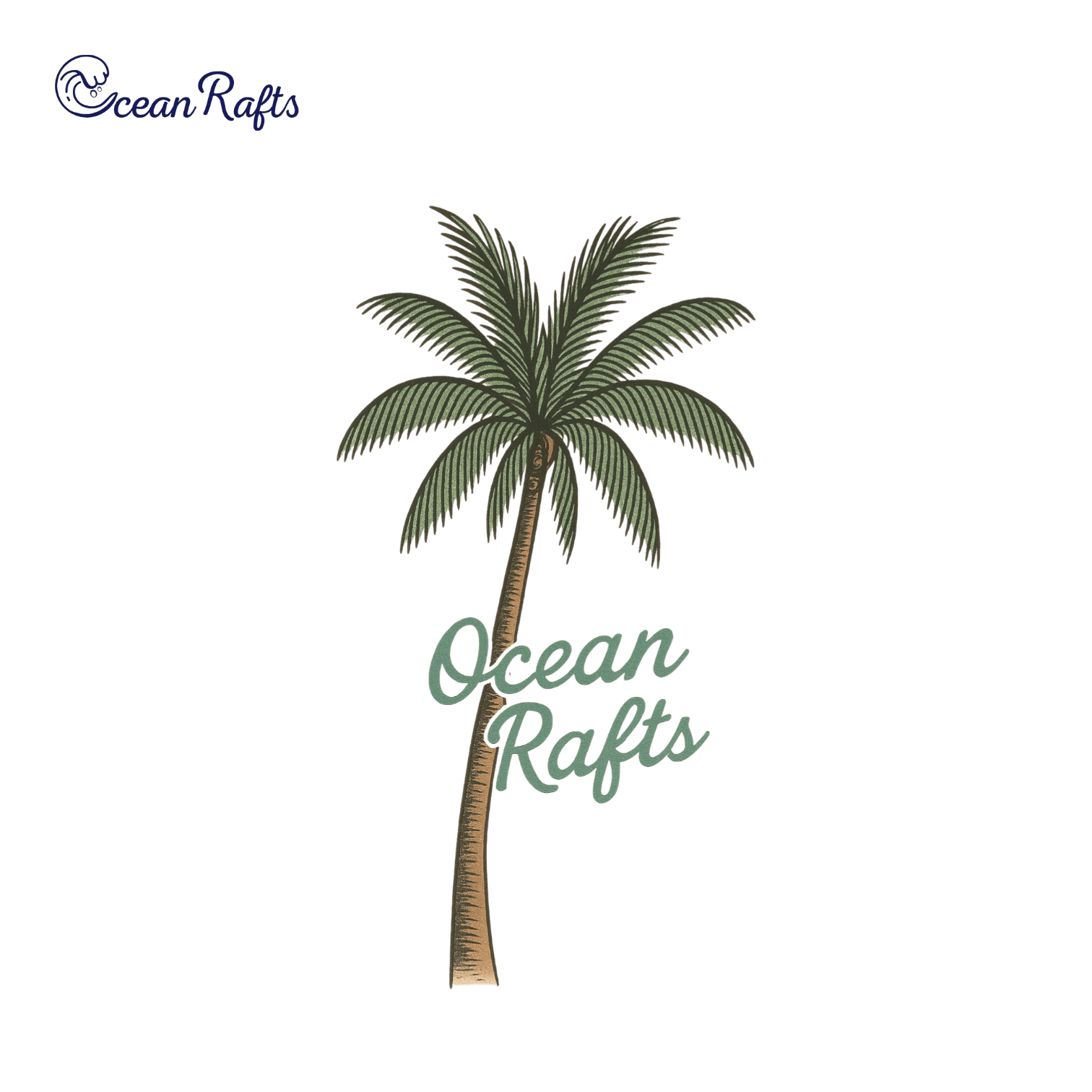 Graphic of a tall Palm tree standing alone with cursive green 'Ocean Rafts' text overlaying the trunk.