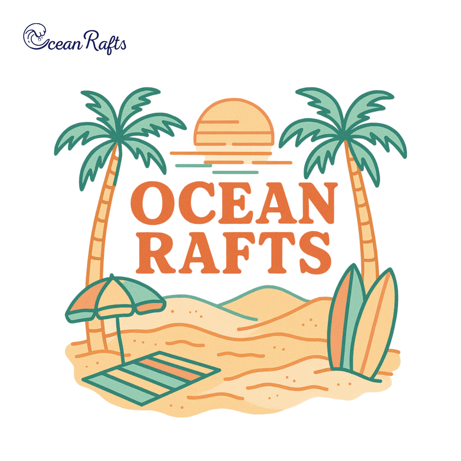 Beach scene with two palm trees, surfboards, umbrella, and sunset. Features bold orange 'OCEAN RAFTS' text. Pale orange and teal colour palette.