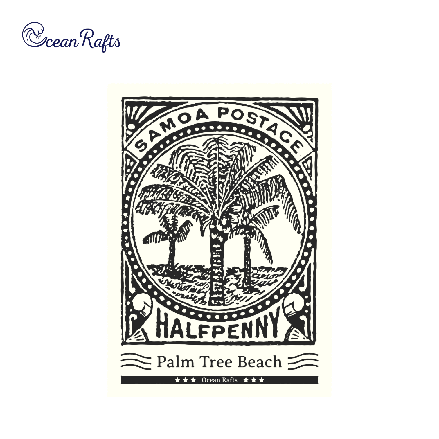 Postage stamp-style design with three palm trees on a beach and text: 'SAMOA POSTAGE', 'HALFPENNY', and 'Palm Tree Beach'. Black and white.