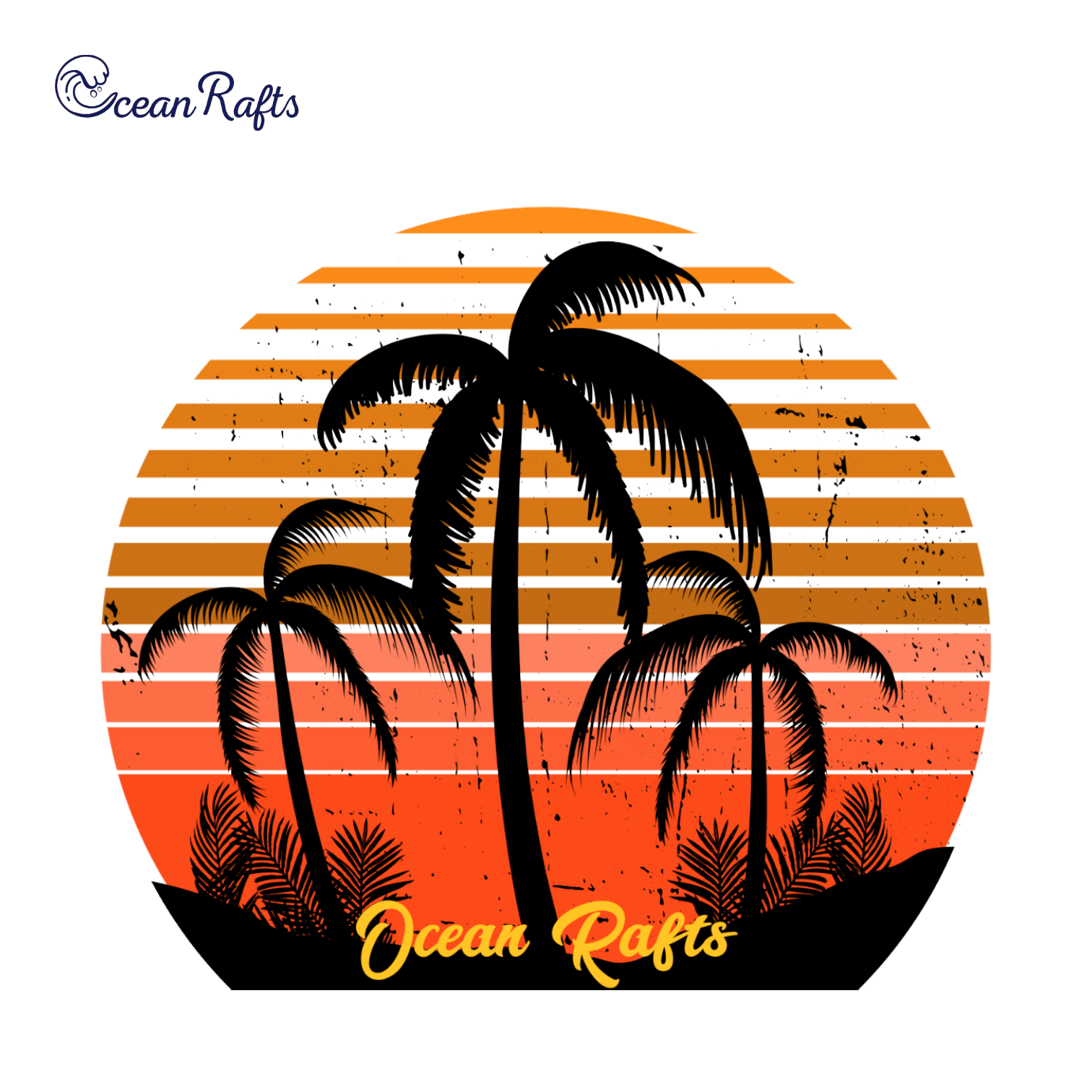 A stylised sunset that features horizontal orange and red stripes forming a radiant sun. Three silhouetted palm trees stand tall in the foreground, with smaller foliage at their base. Cursive 'Ocean Rafts' text at the bottom. Black and red colour scheme.