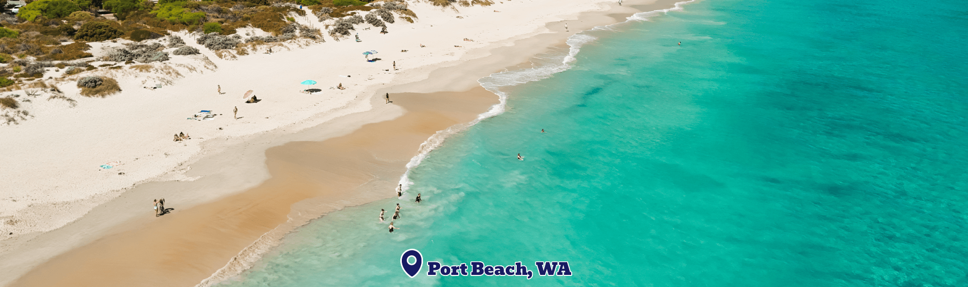 Beach scene with turquoise water and sandy shore, featuring 'Port Beach, WA' text.