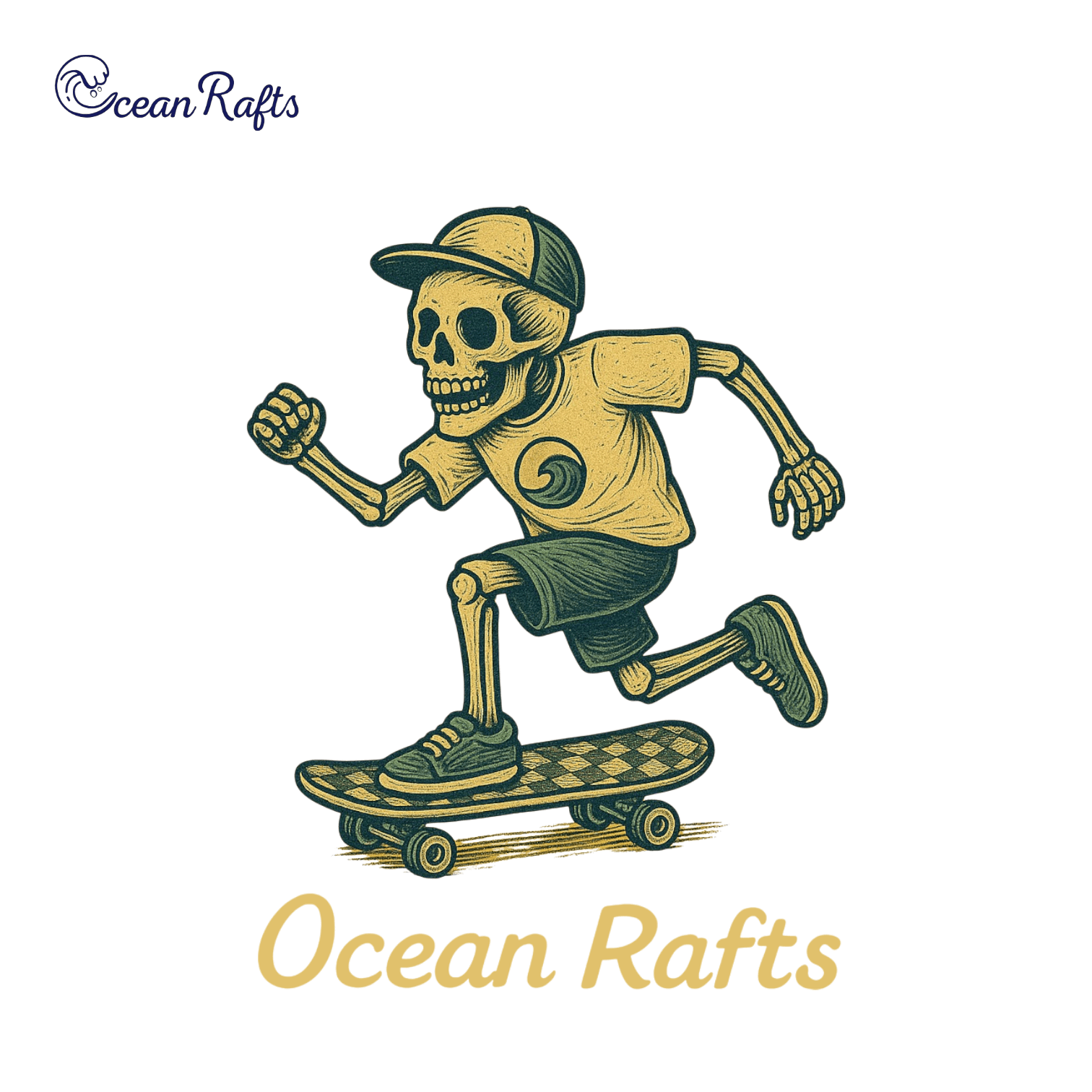 Stylized skeleton in cap and shorts skateboarding with a t-shirt featuring a wave design. 'Ocean Rafts' text below. Yellow and teal colour scheme.