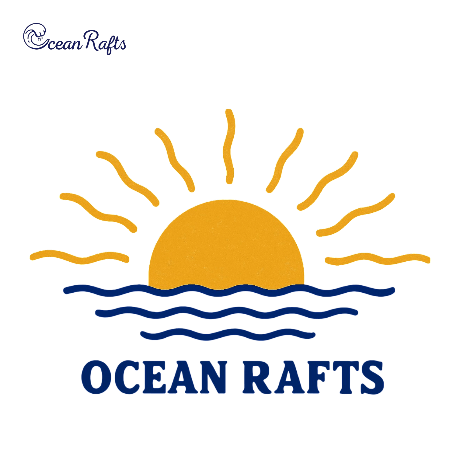 Simplistic stylized yellow sun with rays rising from blue waves, with bold blue 'Ocean Rafts' text below.