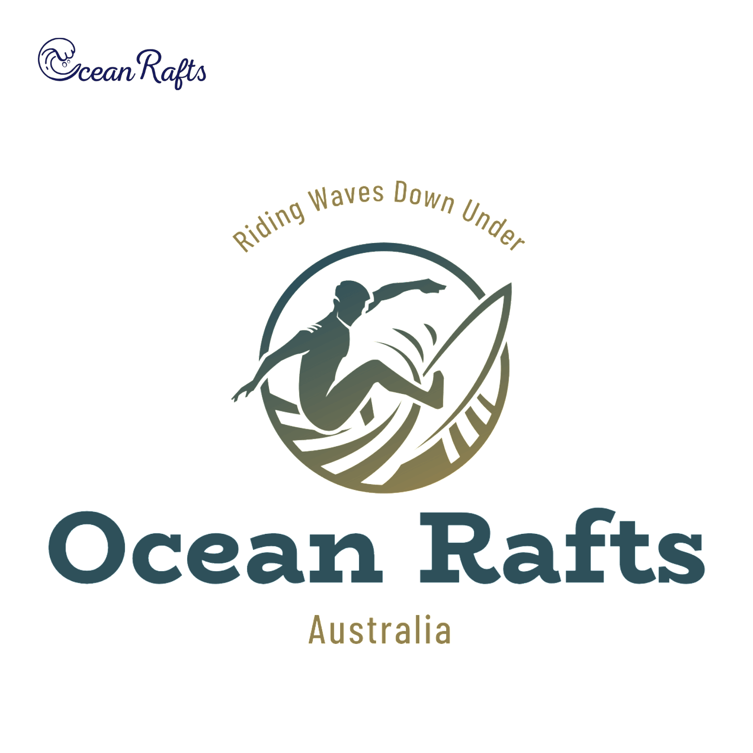 Circular image with surfer silhouette on a wave, featuring text: 'Riding Waves Down Under', 'Ocean Rafts', and 'Australia'. Gold and blue colour palette.
