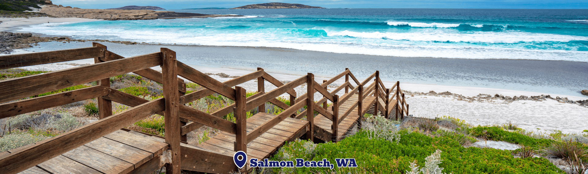 Wooden staircase leading down to a beach with 'Salmon Beach, WA' text overlay.