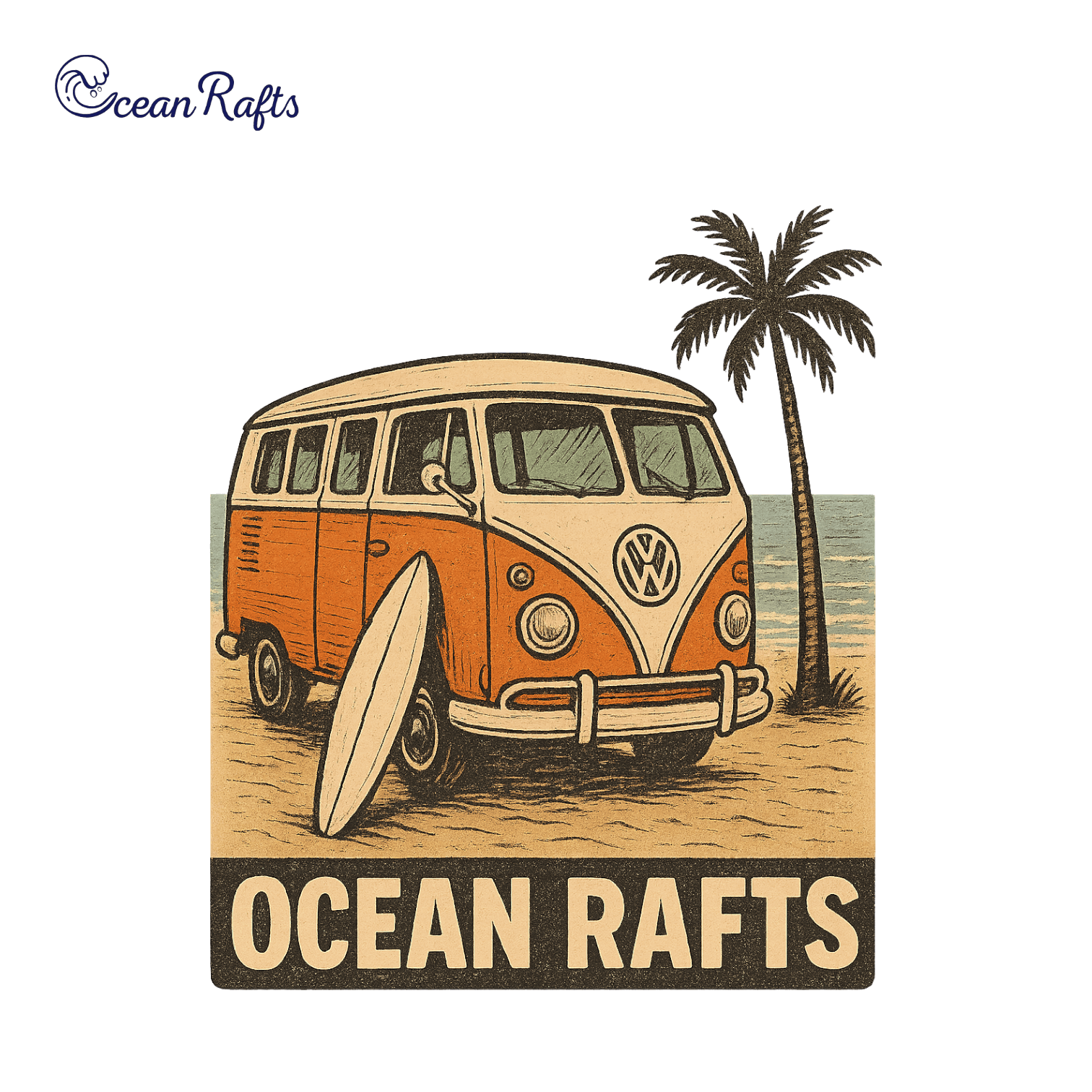 Vintage-style orange and white chevy van parked on a beach with surfboard leaning against the van, palm tree, and ocean in the background. 'Ocean Rafts' texts below. Pale colour palette.