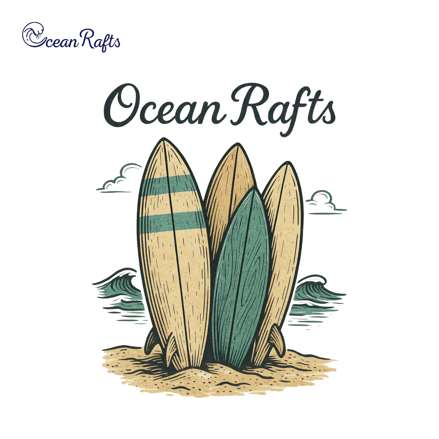 Hand-drawn styled graphic with three upright surfboards in sand. Blue waves and clouds in the background. Boards feature green stripes, solid green, and beige designs. Cursive 'Ocean Rafts'