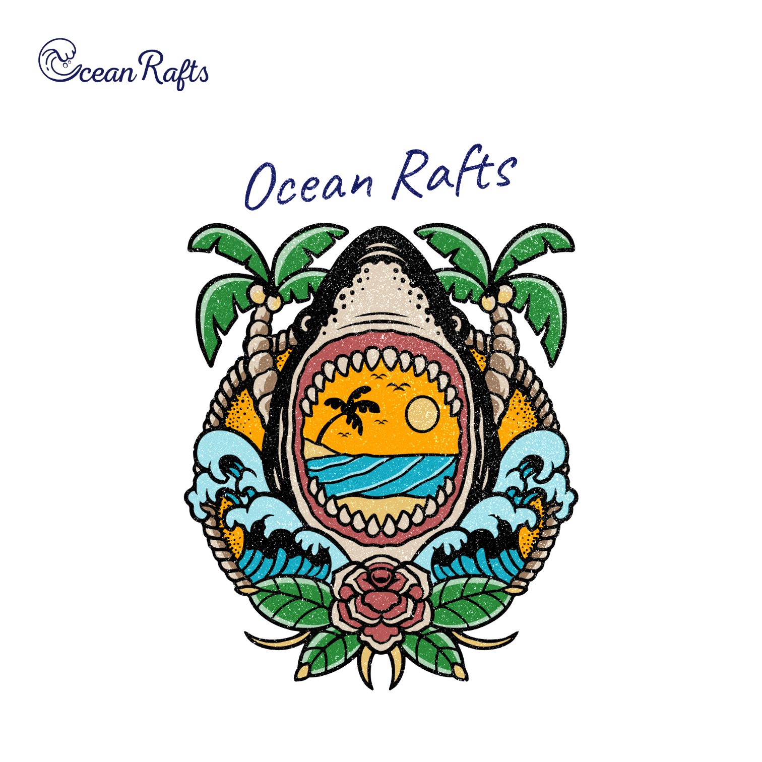 Artistic design with crowded ocean scene inside a great white shark’s open mouth, surrounded by palm trees, waves, and a rose. Image is capsulated by circular rope with 'Ocean Rafts' text above the image.