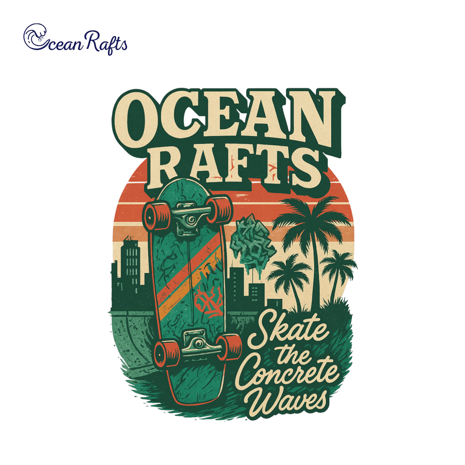 Stylized skateboard design with cityscape, palm trees, and sunset in the background. Includes text: 'Skate the Concrete Waves' and bold 'Ocean Rafts'. Dark green, orange and beige colours. 