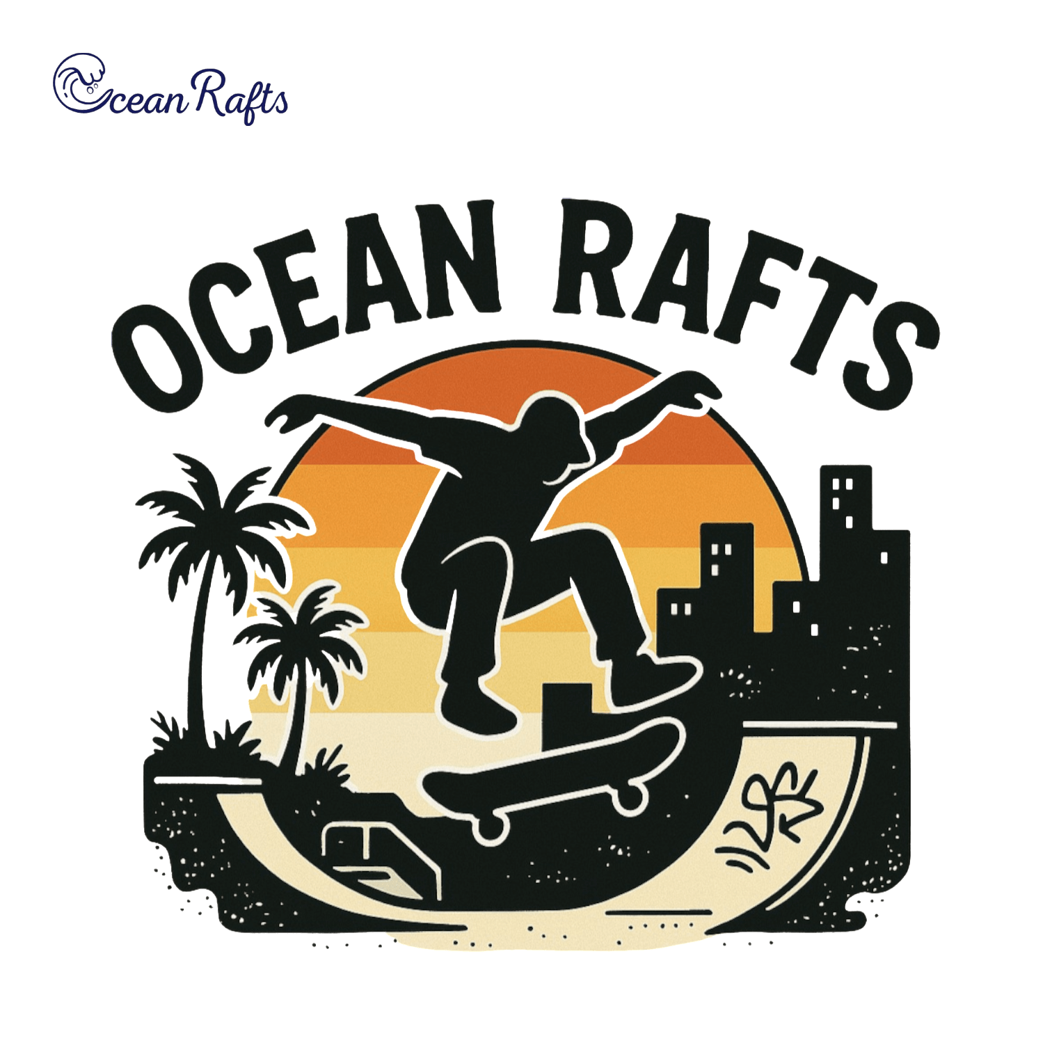 Silhouette of skateboarder mid-air against orange-yellow sunset with palm trees and city buildings in the background. Black and beige skatepark in the foreground below the skateboarder. Bold "Ocean Rafts" text.