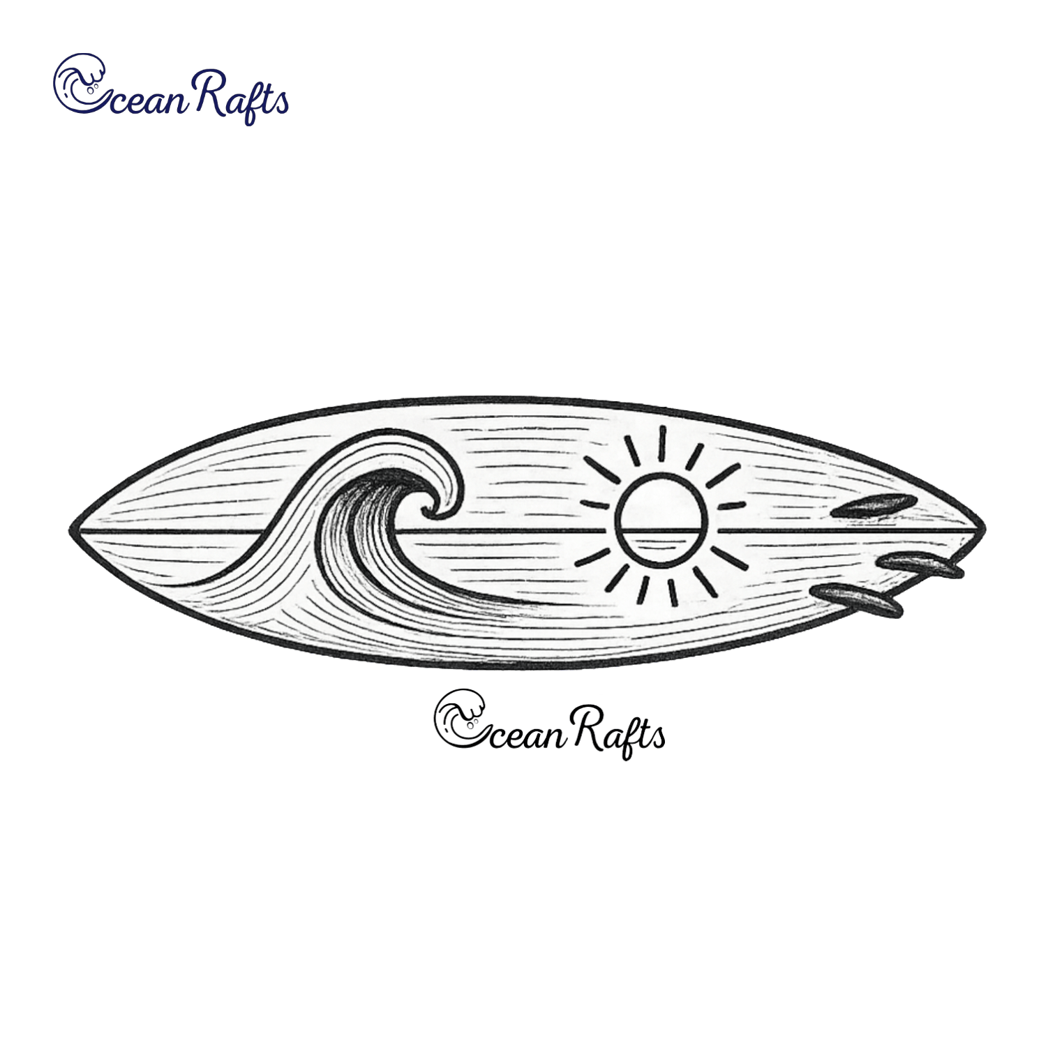 A simplistic and stylised surfboard with a bold wave on the left and a sun on the right. The board has a pointed nose and three tail fins. Below is a 'Ocean Rafts' text. Black and white colour scheme.