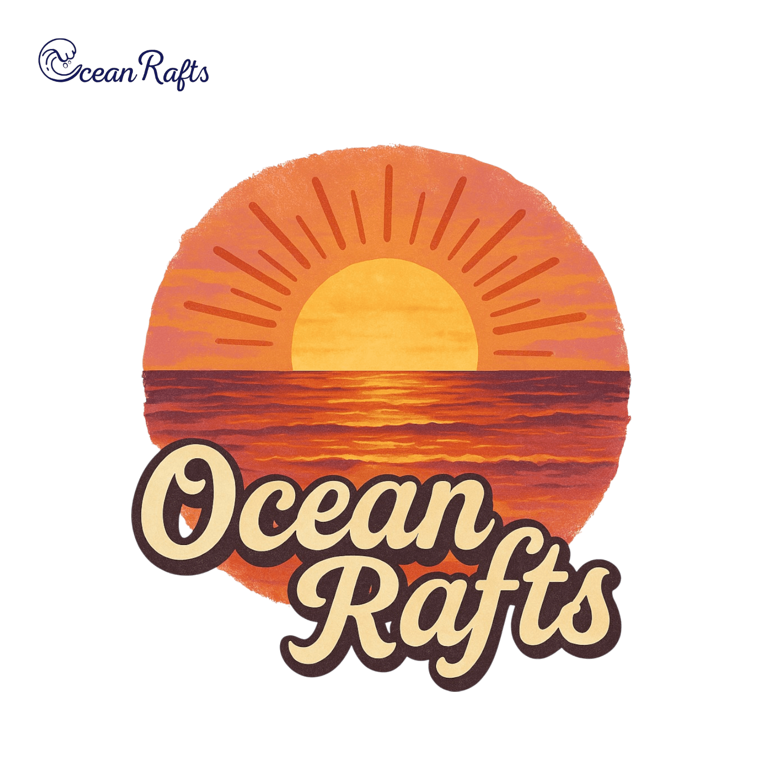 A stylised sunset scene featuring a bold yellow sun with radiating lines setting over a calm ocean. The water reflects warm hues of orange and gold. The image has 'Ocean Rafts' text in cursive with a back shadow effect.