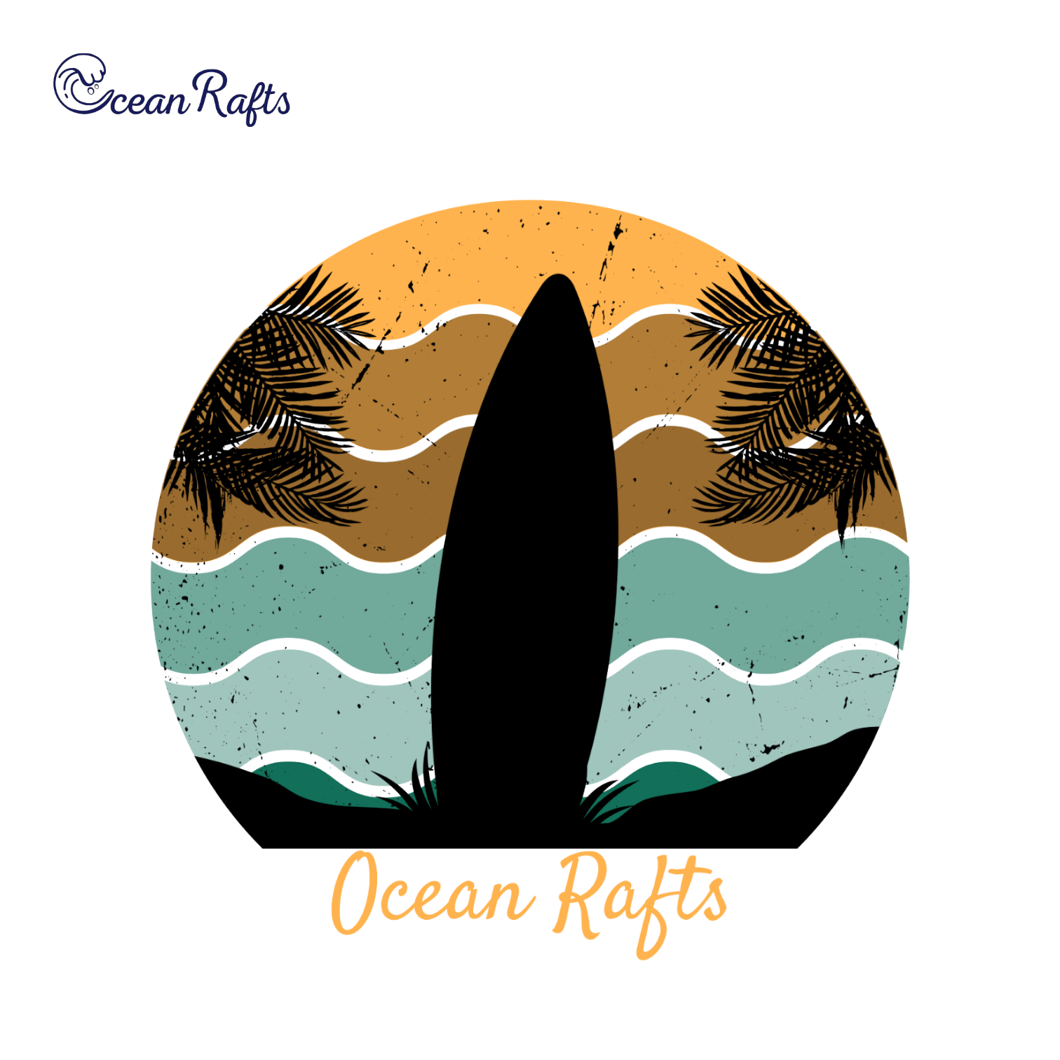 A stylised graphic featuring a surfboard silhouette, flanked by palm trees. The background shows a displaced and wavy pattern of the blue sea and orange sky. All capsulated in a circular frame. Includes orange cursive text 'Ocean Rafts' below the circle.
