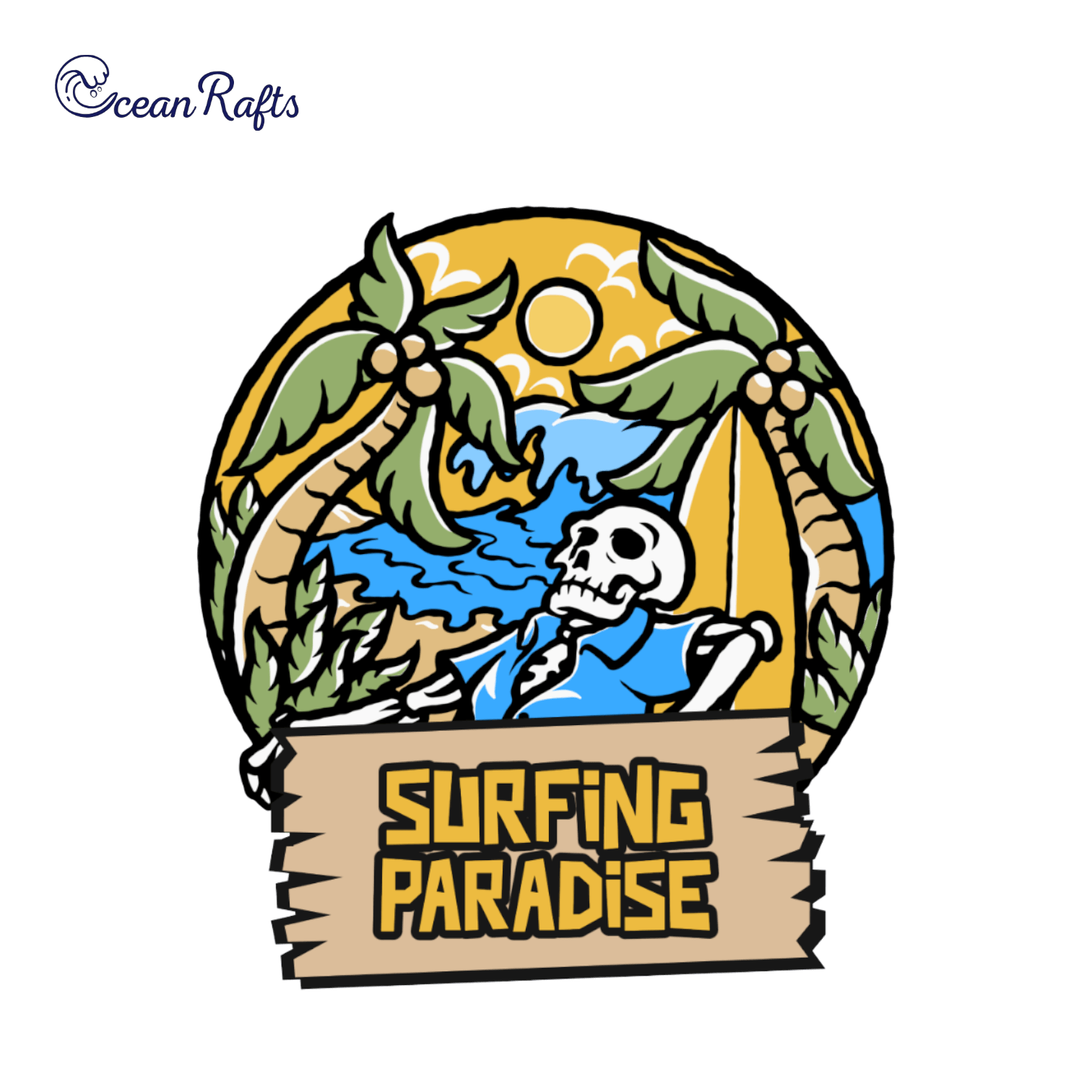 A stylised skeleton reclines beneath two coconut palm trees, wearing a blue shirt and gazing toward a bright yellow sun over the ocean. Framed in a circular border, the scene includes soft clouds and a foreground with a wooden board titled 'Surfing Paradise'.