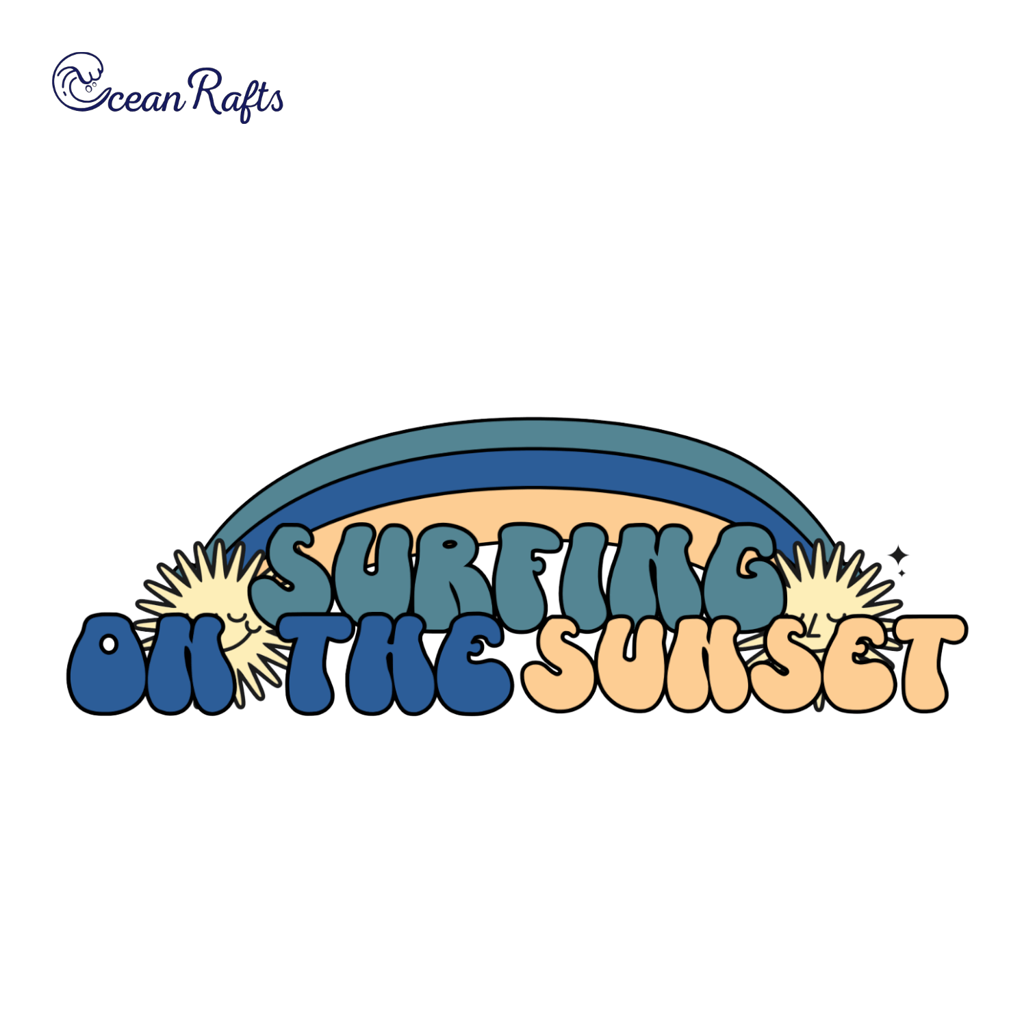 A cartoon graphic of a simple rainbow with suns at each end that features 'Surfing on the sunset' text in bold and bubbly font.