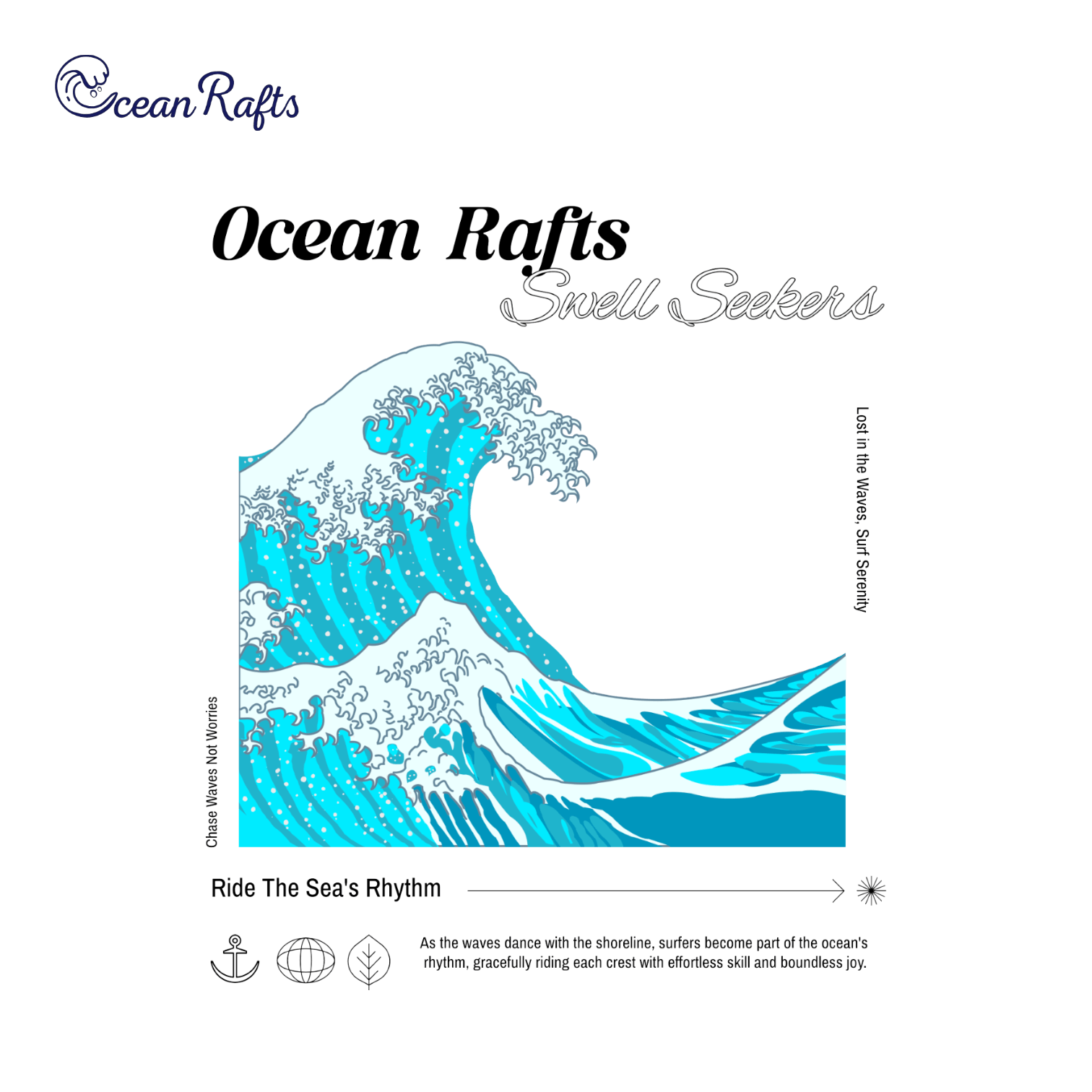 A graphic inspired by The Great Wave off Kanagawa artwork featuring ocean waves crashing with white foam and deep blue water. Includes 'Ocean Rafts', 'Swell Seekers' and 'Ride the Rhythm' text with a paragraph outlining the oceans rhythm and affect on surfers.
