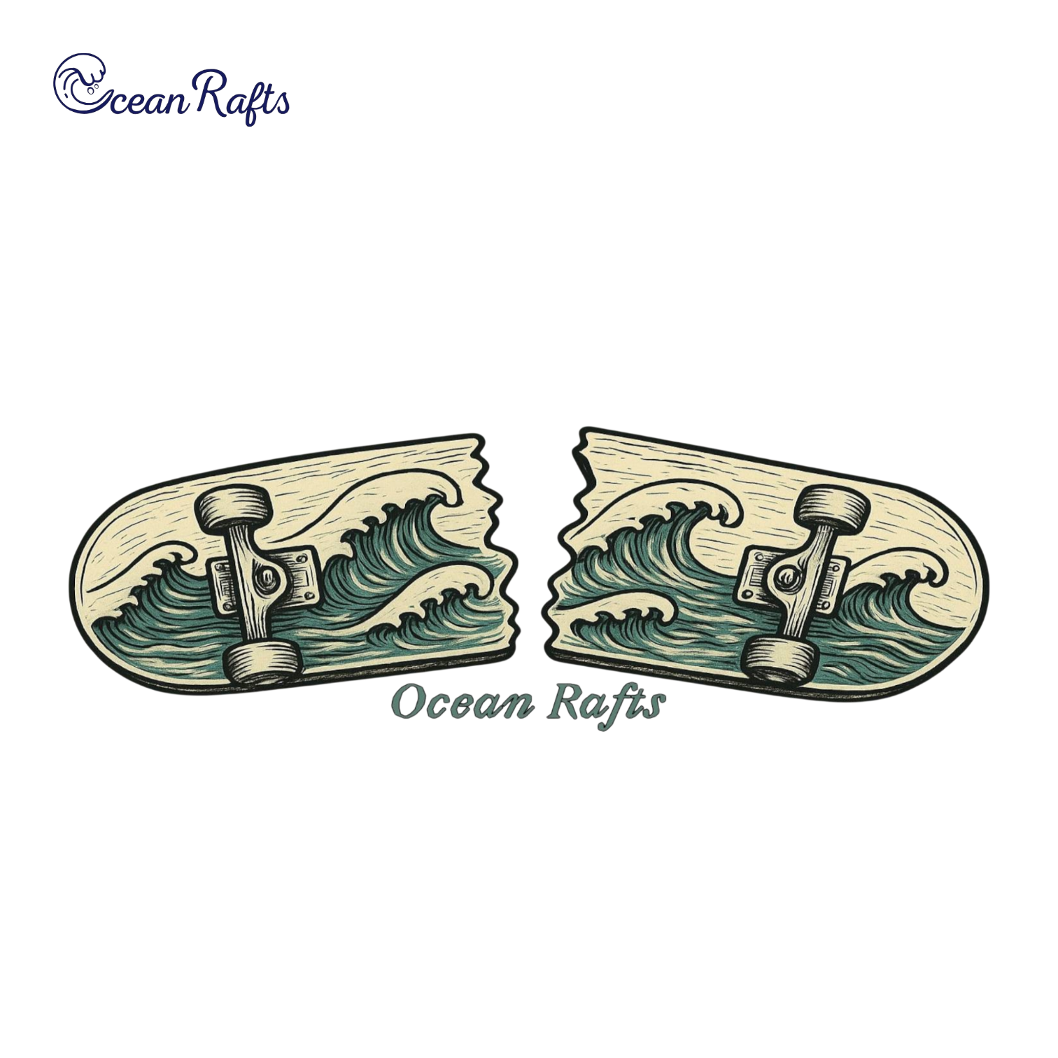 A broken skateboard deck is split into two jagged pieces with the skateboard wheels still intact. Each featuring stylised ocean wave illustrations. 'Ocean Rafts' text is displayed below. Beige and teal colour scheme.