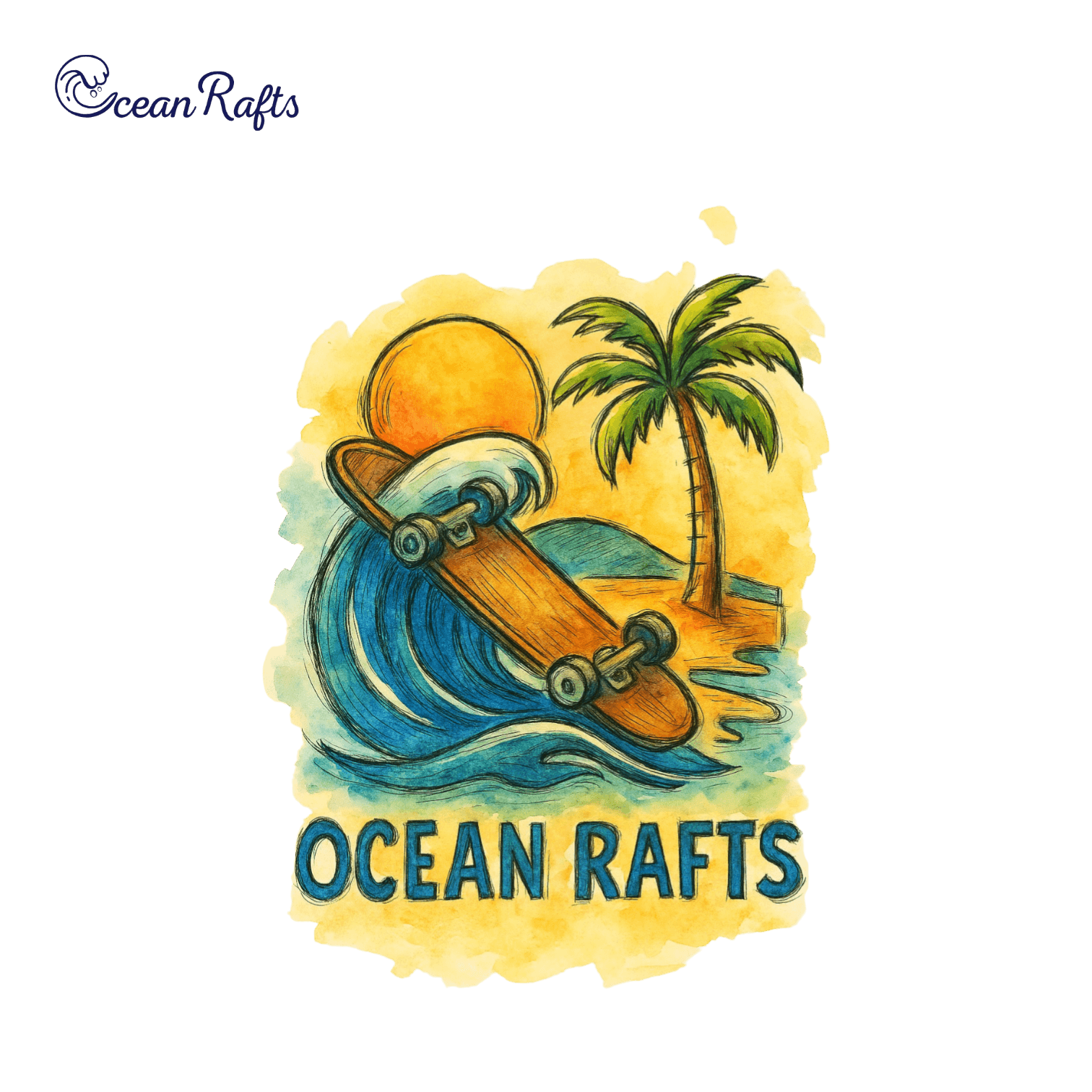 A stylised skateboard rides a curling ocean wave beneath a warm sunset. A single palm tree stands to the right, adding a tropical touch. 'Ocean Rafts' text below the wave. 