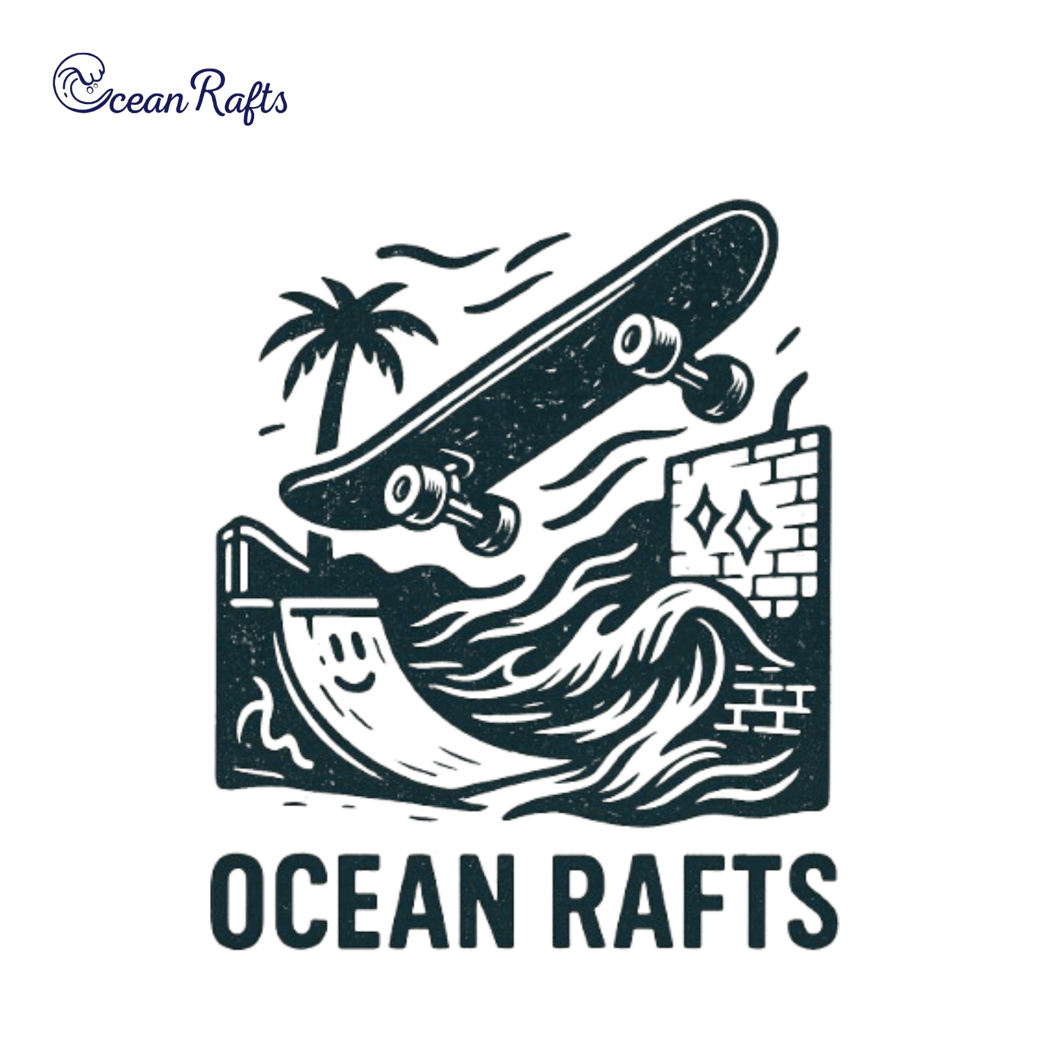 An all-teal stylised graphic with a skateboard ramp that bursts with flowing ocean waves. A skateboard hovers mid-air above the ramp, with a palm tree and brick wall with diamond shapes. Bold 'Ocean Rafts' text below the graphic.