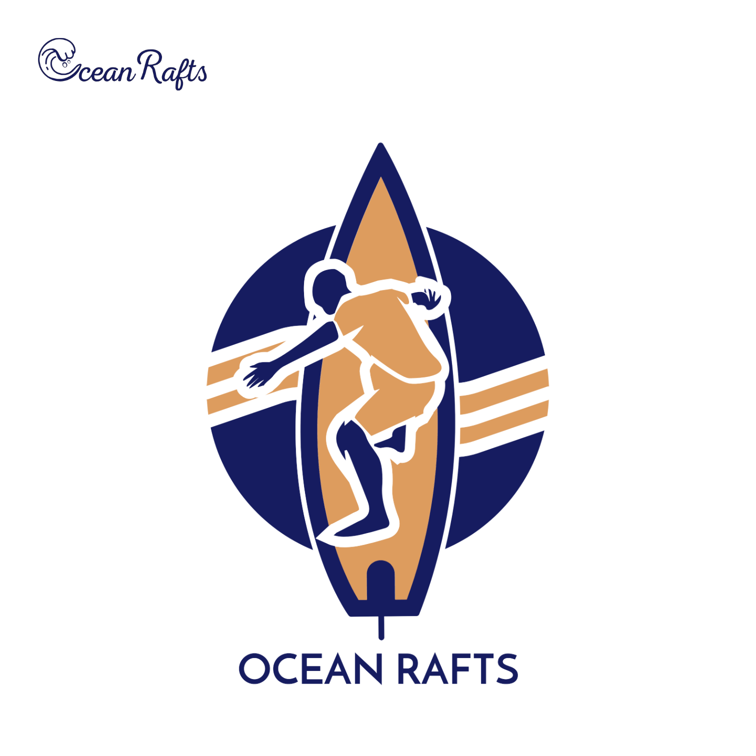 A surfer riding an orange board with blue accents, set against a circular blue backdrop. Three horizontal orange stripes flank the circle. Sharp 'OCEAN RAFTS' text featured below. Yellow and navy blue colour scheme.