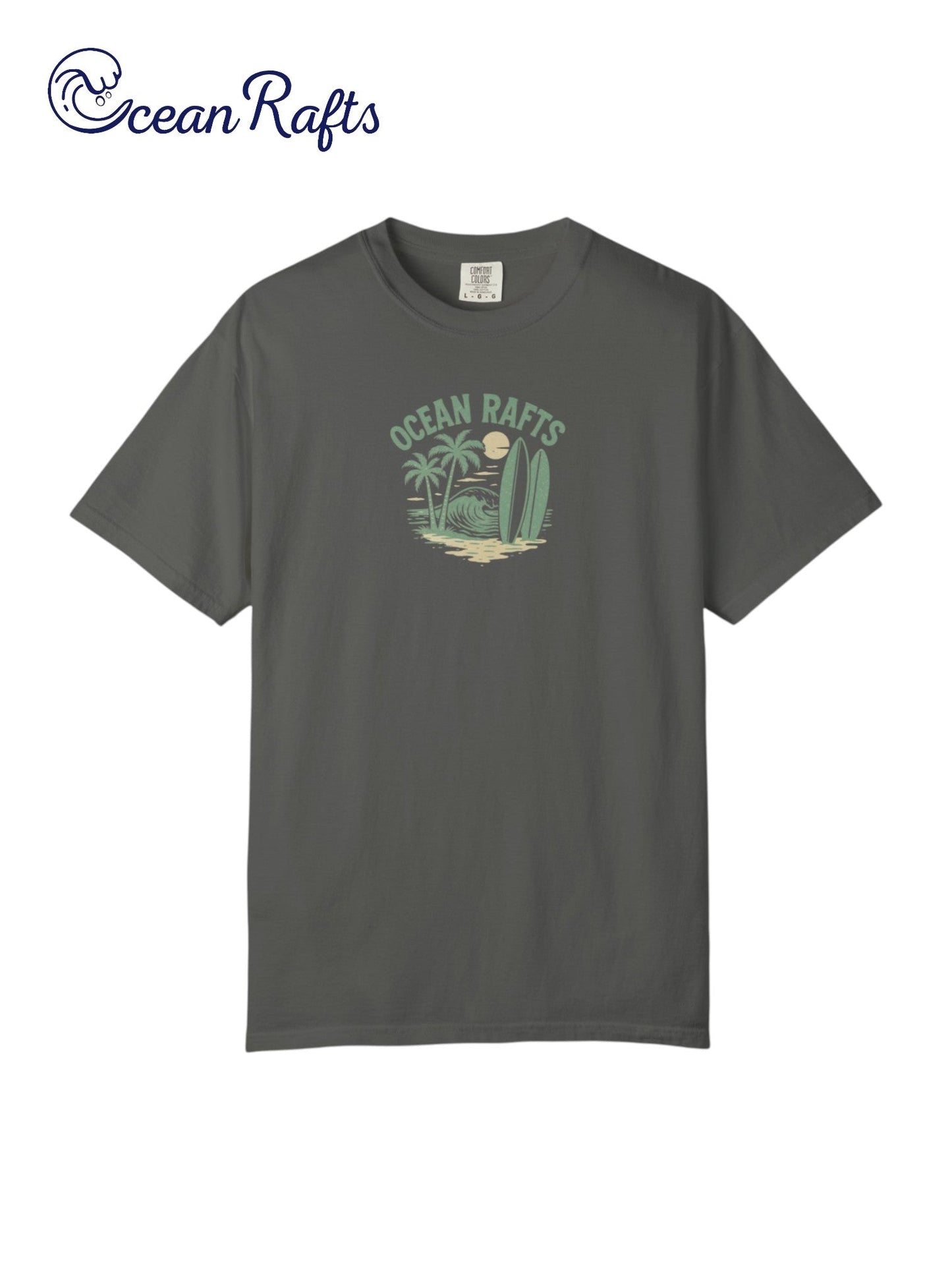 Beachside Bliss Shirt - Ocean Rafts - AU & NZ - grey tee with beach scene featuring waves, palm trees and surfboards