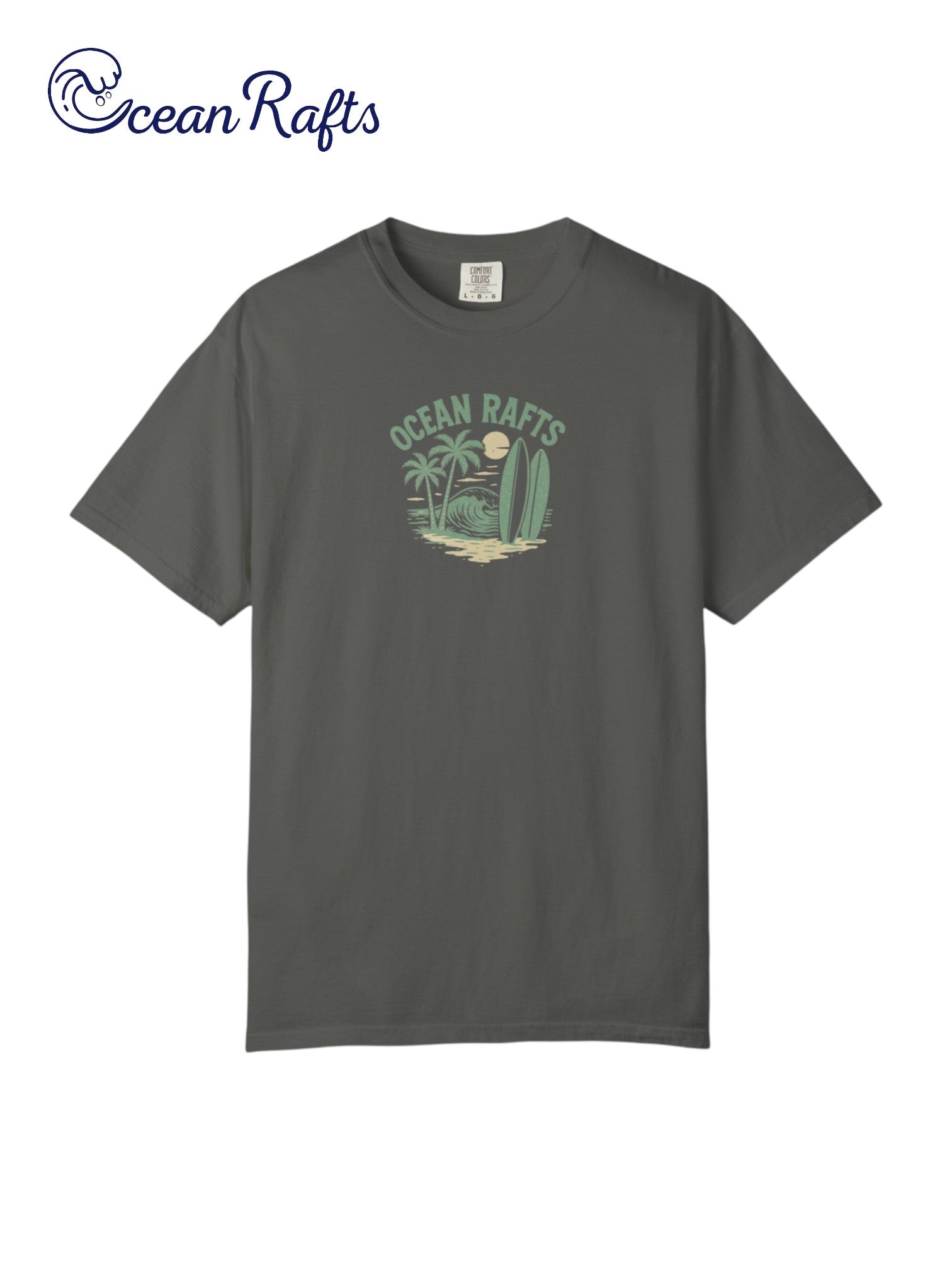 Beachside Bliss Shirt - Ocean Rafts - AU & NZ - grey tee with beach scene featuring waves, palm trees and surfboards