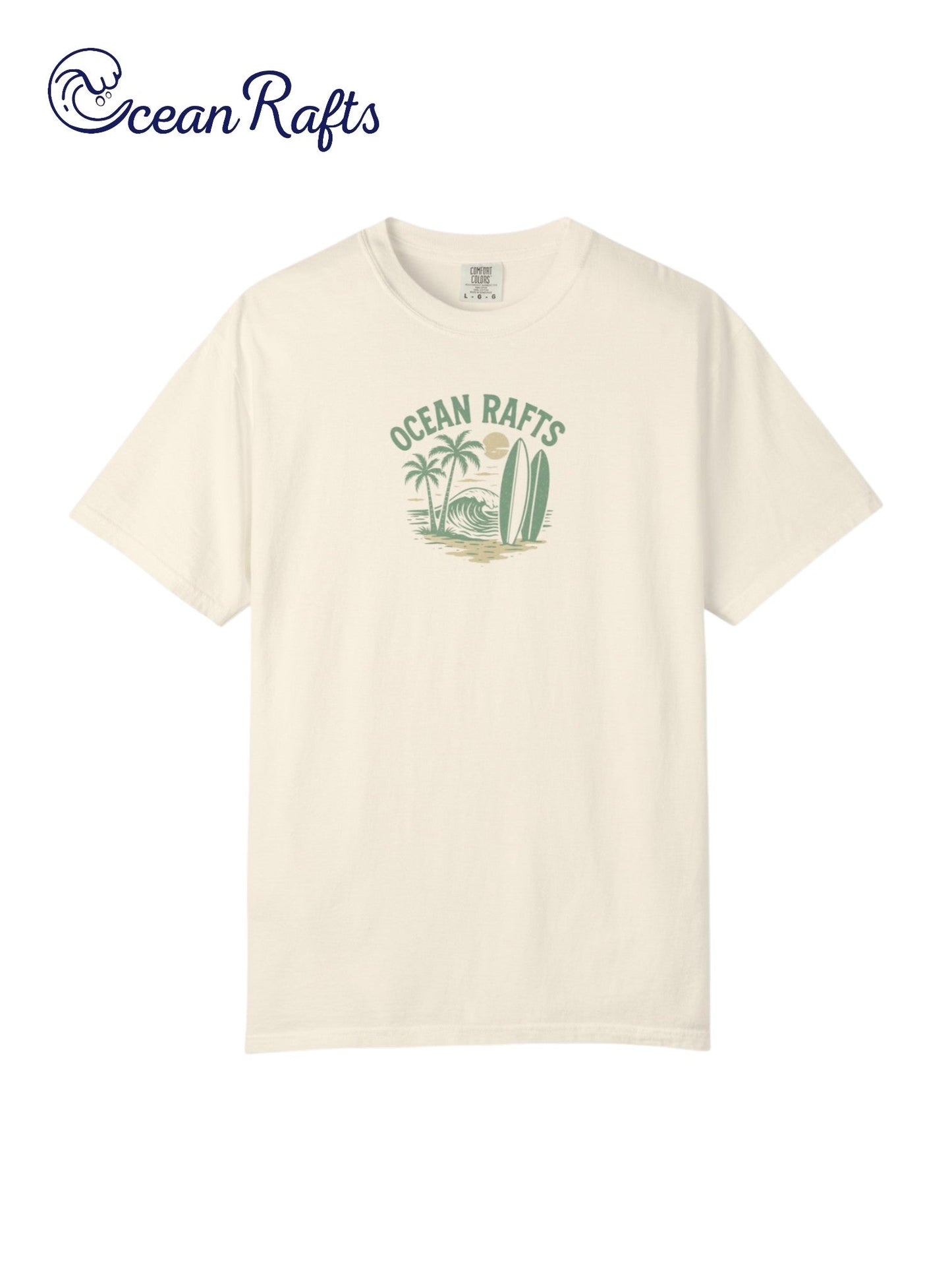 Beachside Bliss Shirt - Ocean Rafts - AU & NZ - beige tee with beach scene featuring waves, palm trees and surfboards