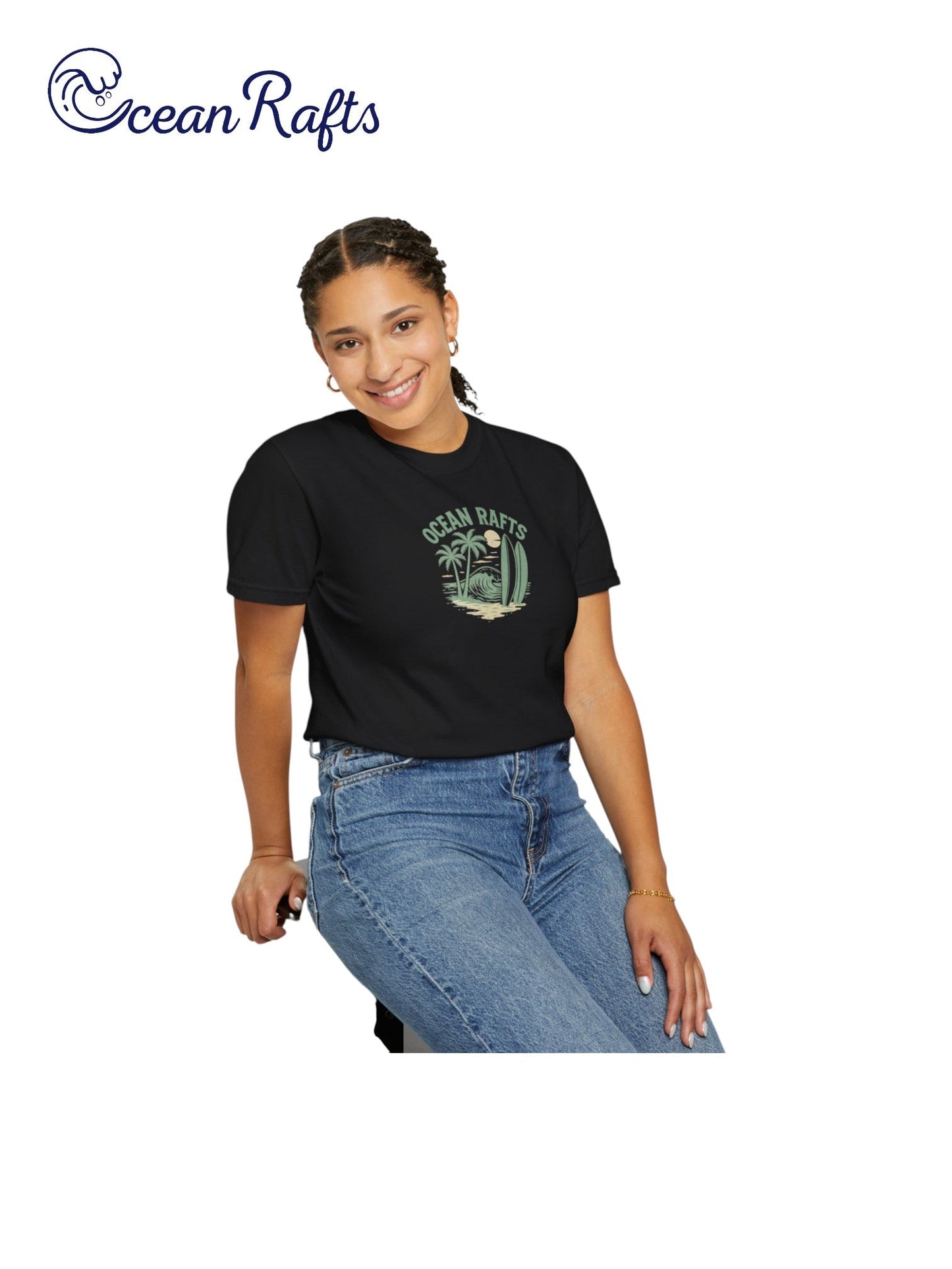 Beachside Bliss Shirt - Ocean Rafts - AU & NZ - women wearing tee with beach scene featuring waves, palm trees and surfboards