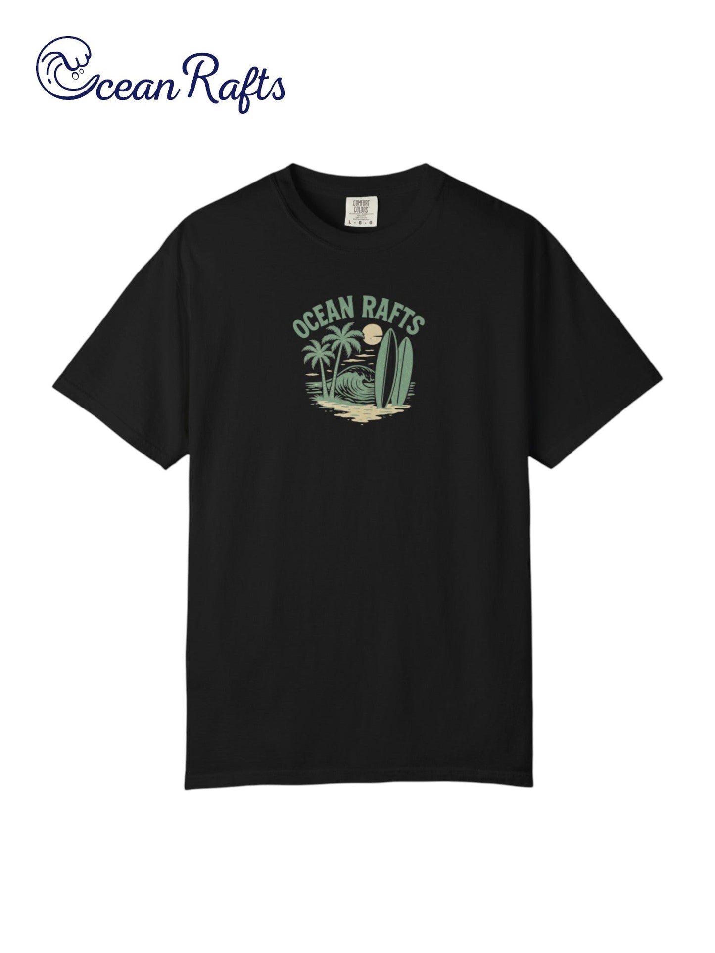 Beachside Bliss Shirt - Ocean Rafts - AU & NZ - black tee with beach scene featuring waves, palm trees and surfboards