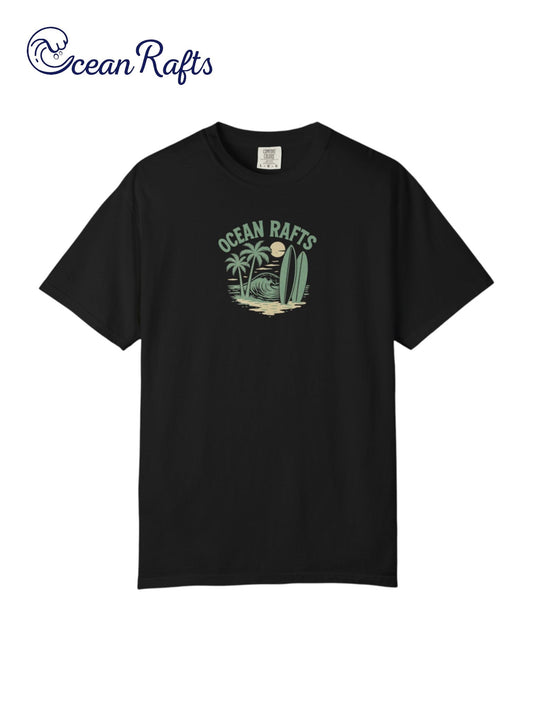 Beachside Bliss Shirt - Ocean Rafts - AU & NZ - black tee with beach scene featuring waves, palm trees and surfboards