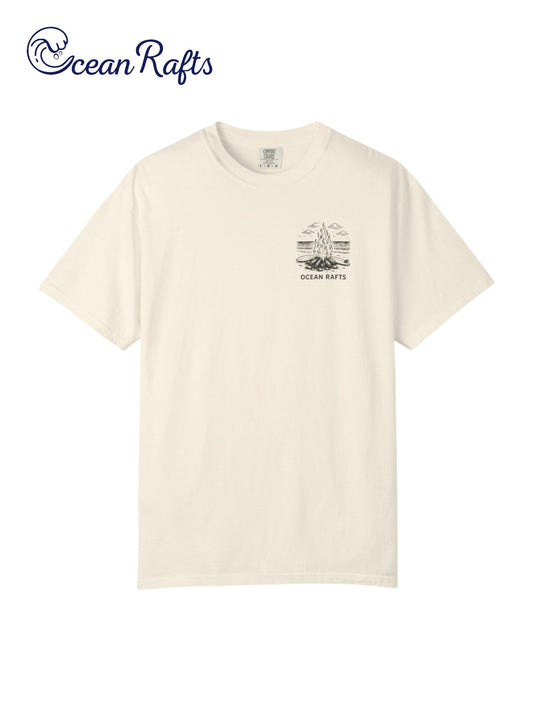 Coastal Campfire Shirt - Ocean Rafts - AU & NZ - beige tee with black and white campfire on beach graphic