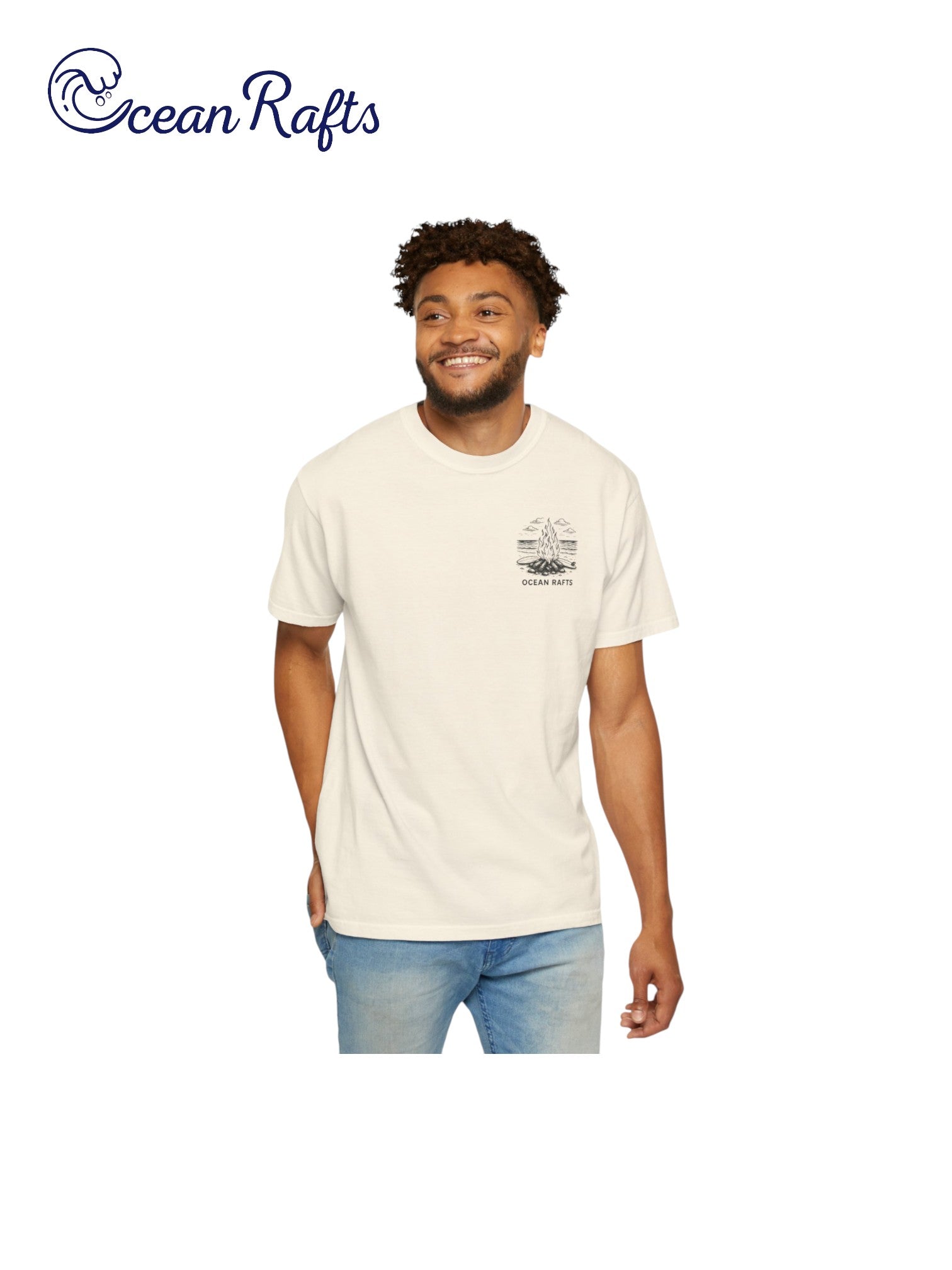 Coastal Campfire Shirt - Ocean Rafts - AU & NZ - man wearing beige tee with black and white campfire on beach graphic