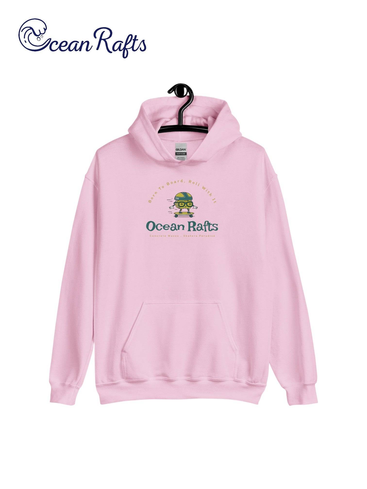 Concrete Waves Hoodie - Ocean Rafts - AU & NZ - pink Hoodie with Cartoon skater riding a skateboard graphic